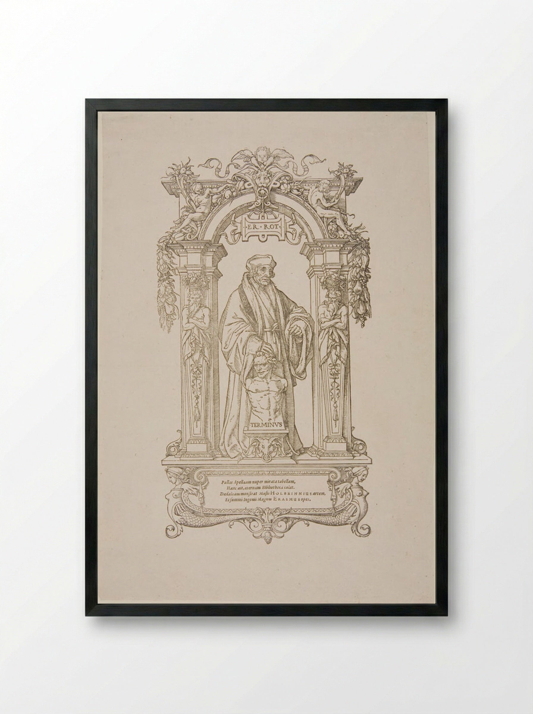 Erasmus with the Statue of Terminus - Hans Holbein the Younger - Framed Print Black