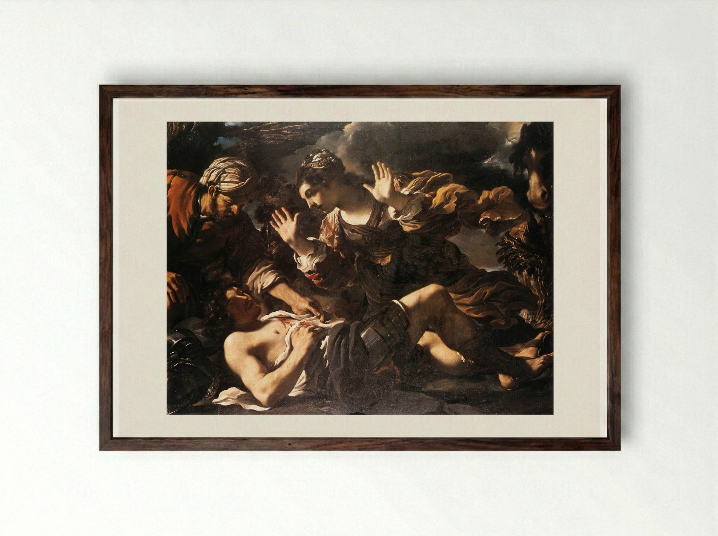 Erminia Finds the Wounded Tancred - Guercino - Framed Print Dark Wood