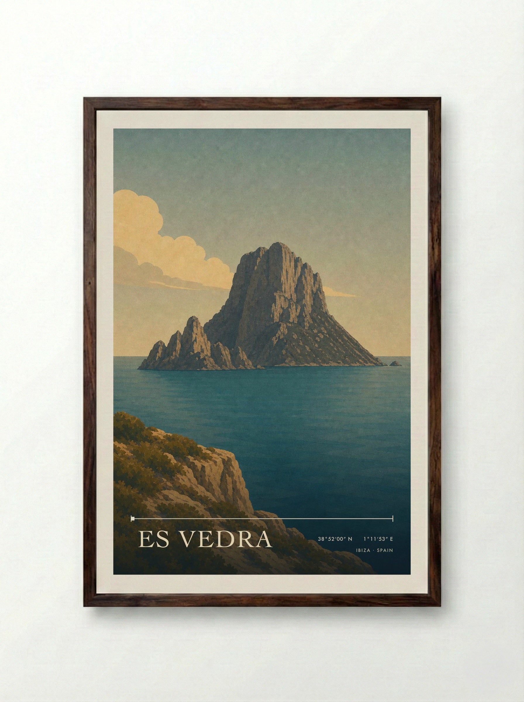 Es Vedra Travel Poster Artwork - Framed Print Dark Wood