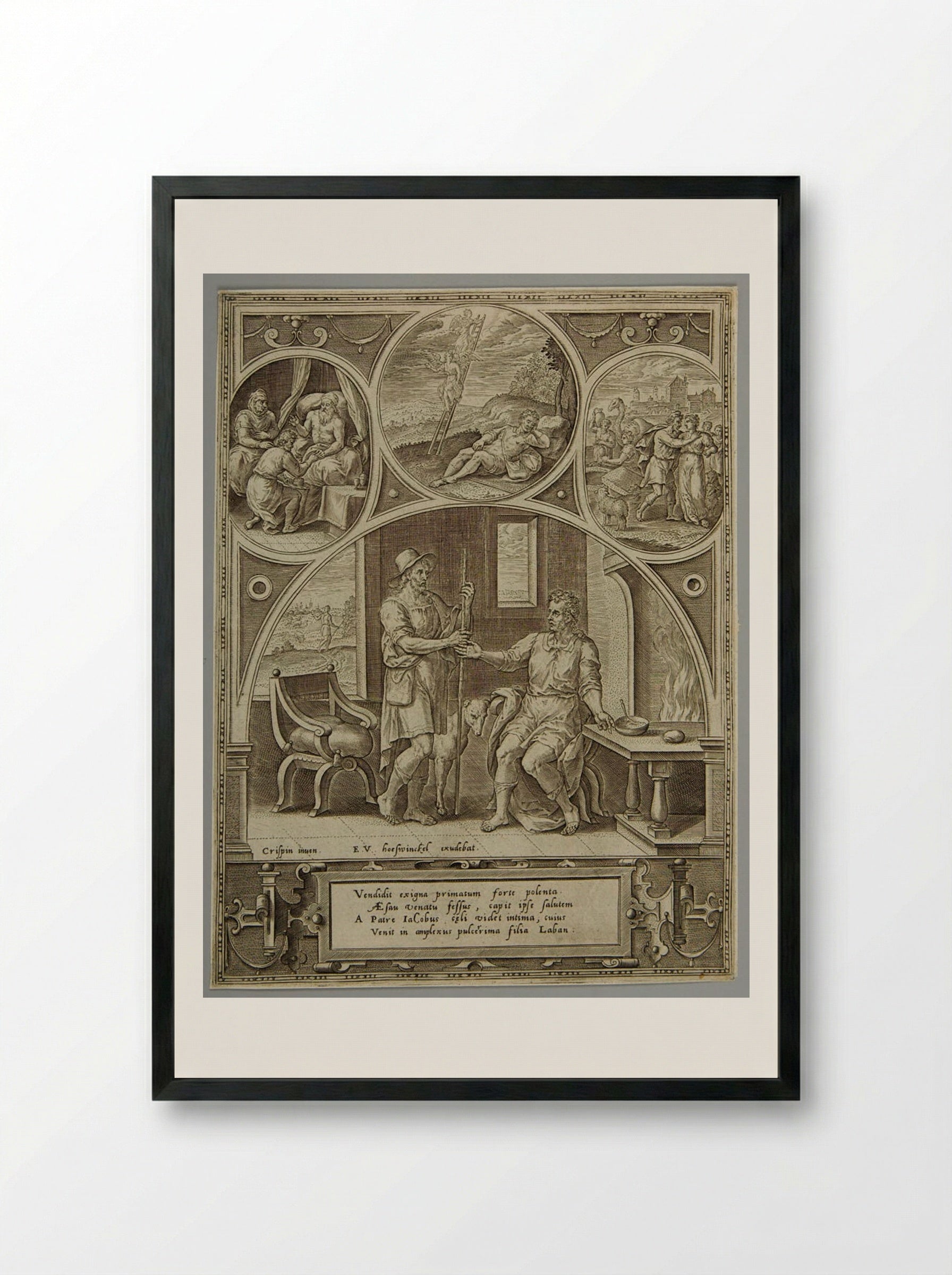 Esau Selling His Birthright to Jacob - Adriaen Collaert - Framed Print Black
