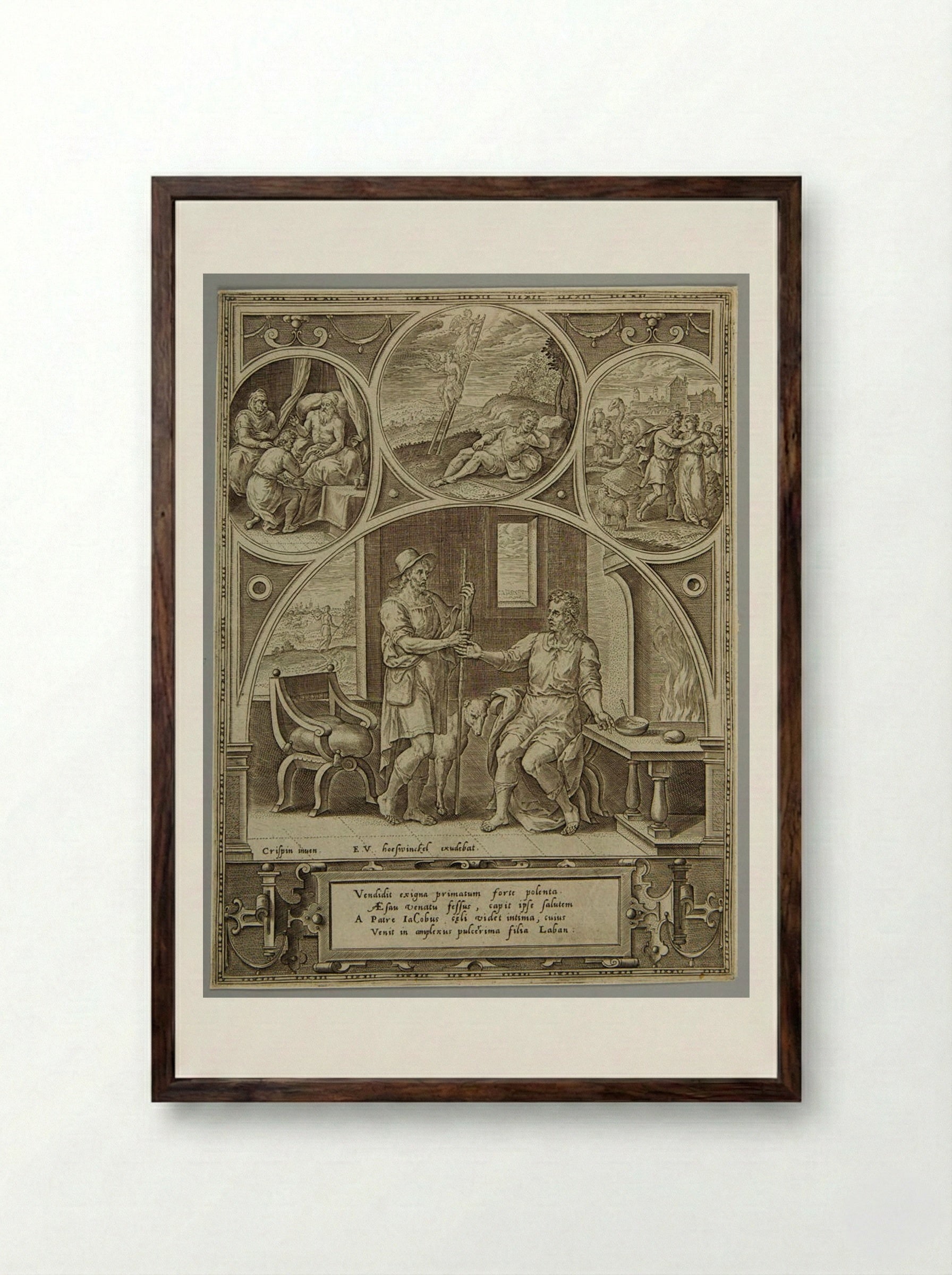 Esau Selling His Birthright to Jacob - Adriaen Collaert - Framed Print Dark Wood
