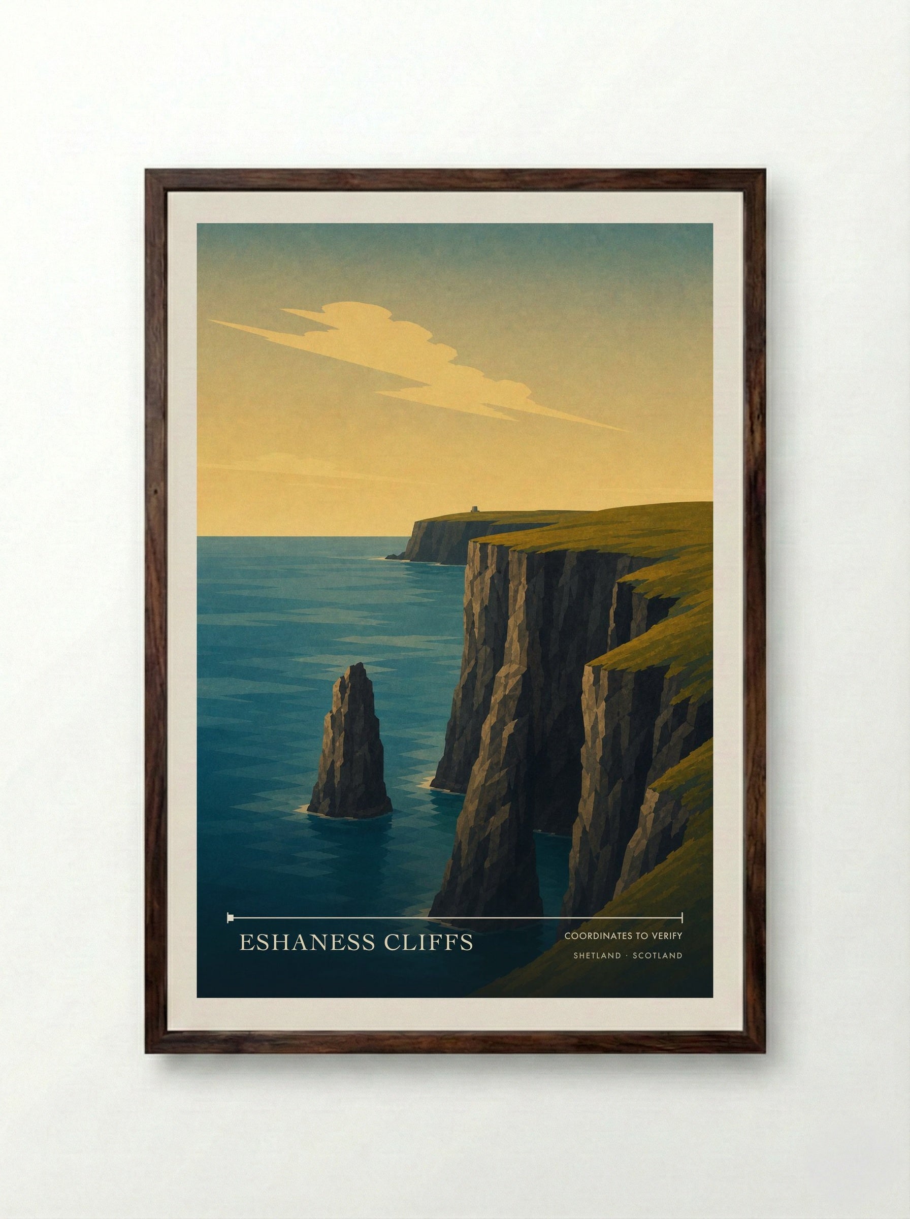 Eshaness Cliffs Shetland Scotland Travel Poster - Framed Print Dark Wood
