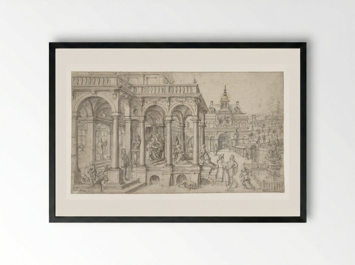 Esther before Ahasuerus - Hans Vredeman de Vries - Framed Print Black