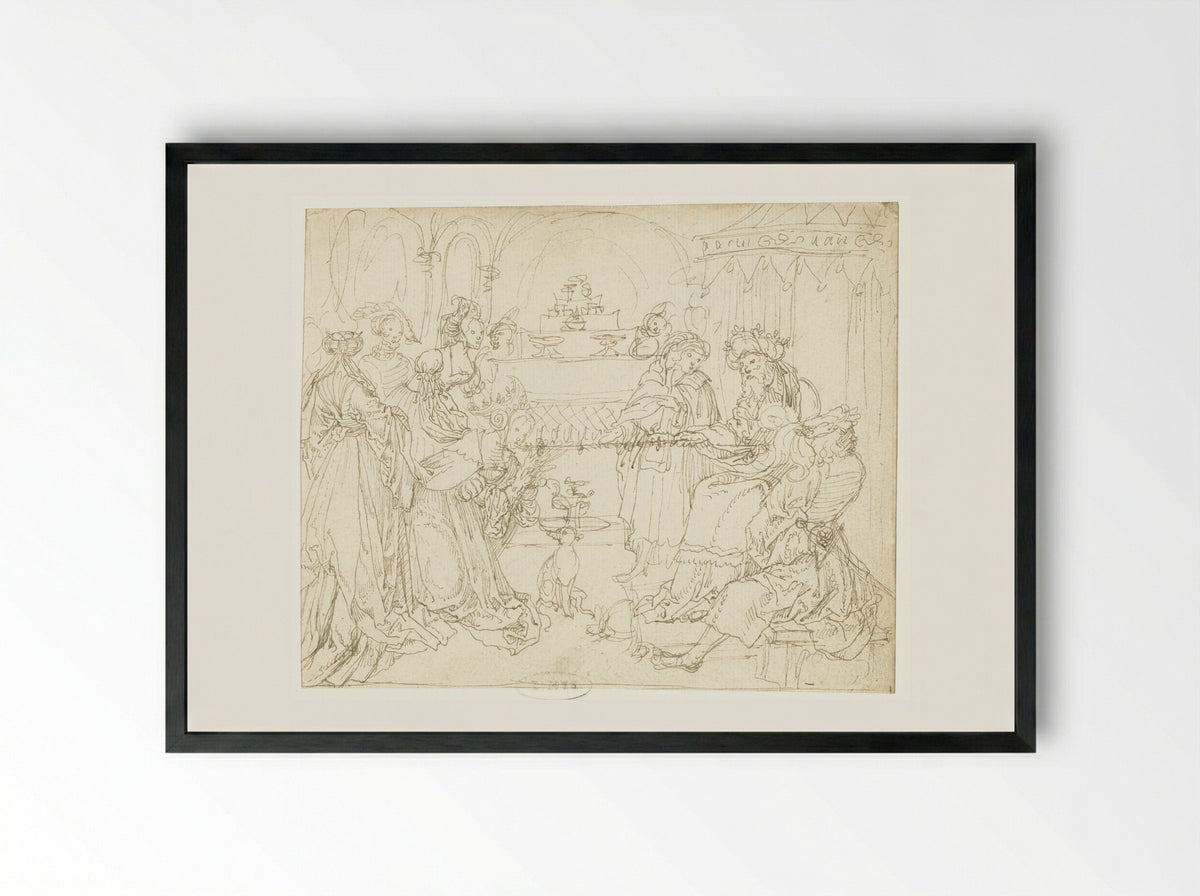 Esther voor Ahasverus - Meester van het Berlijnse Schetsboek - Framed Print Black