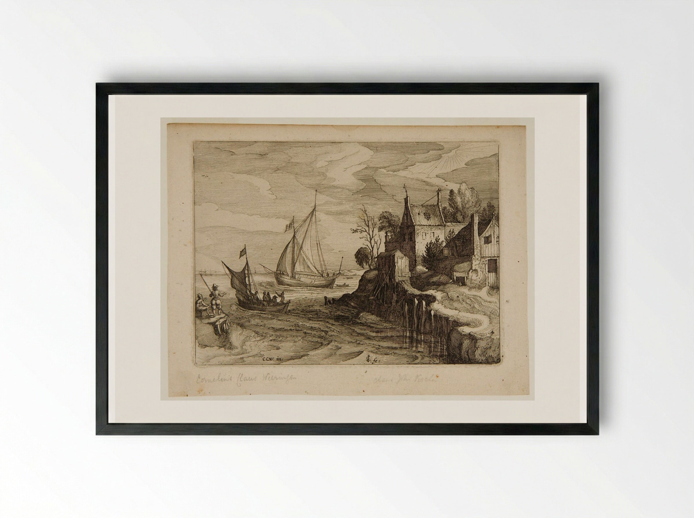 Estuary Landscape with Two Ships, a Building at Right - Claes Jansz. Visscher - Framed Print Black