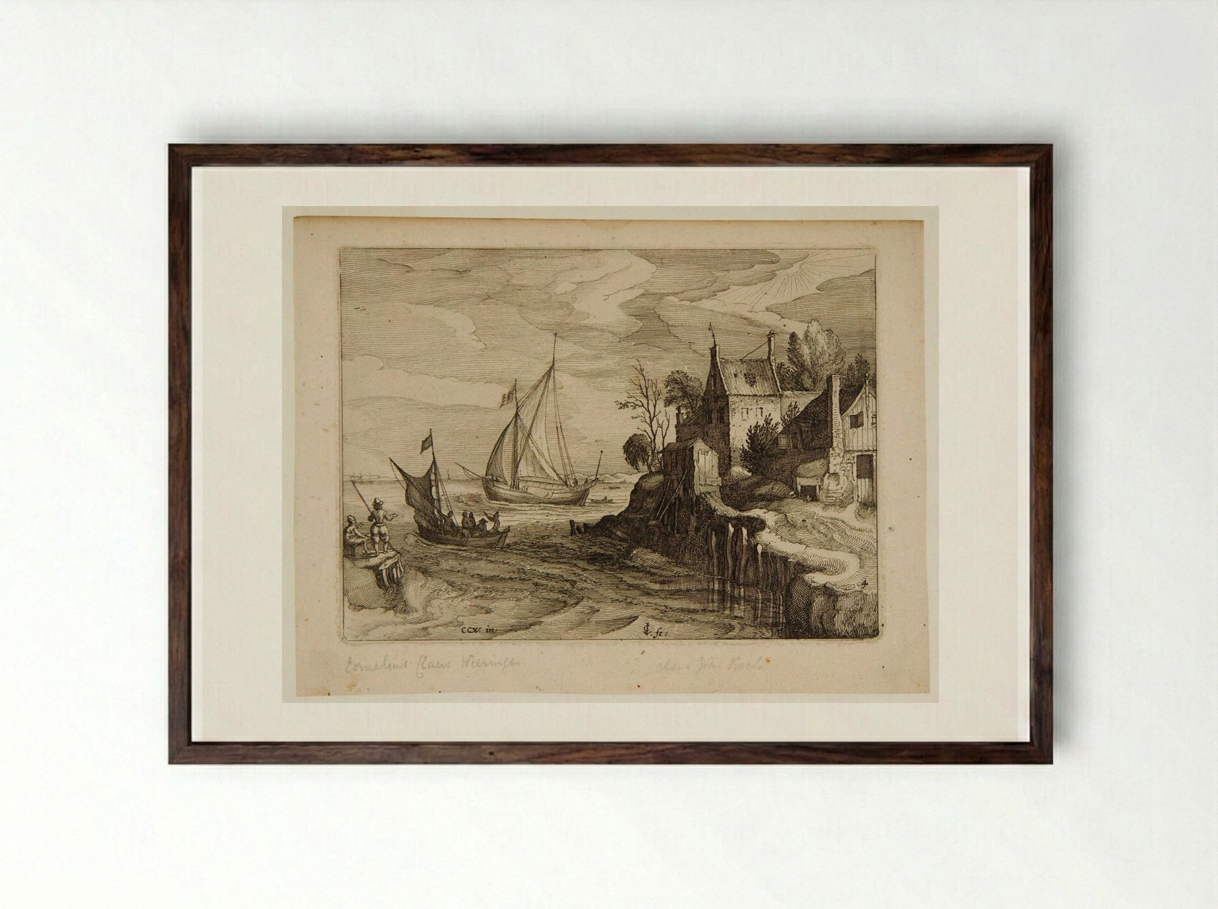 Estuary Landscape with Two Ships, a Building at Right - Claes Jansz. Visscher - Framed Print Dark Wood