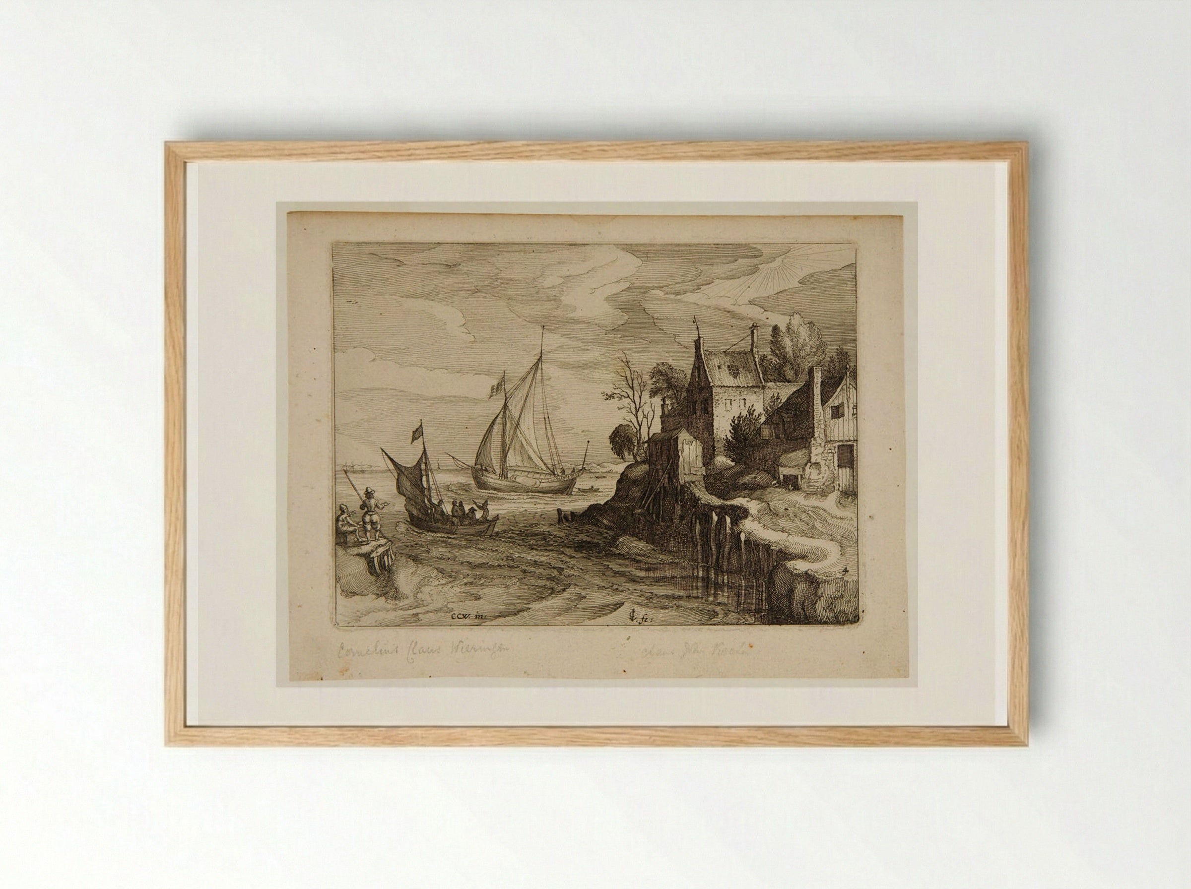 Estuary Landscape with Two Ships, a Building at Right - Claes Jansz. Visscher - Framed Print Wood