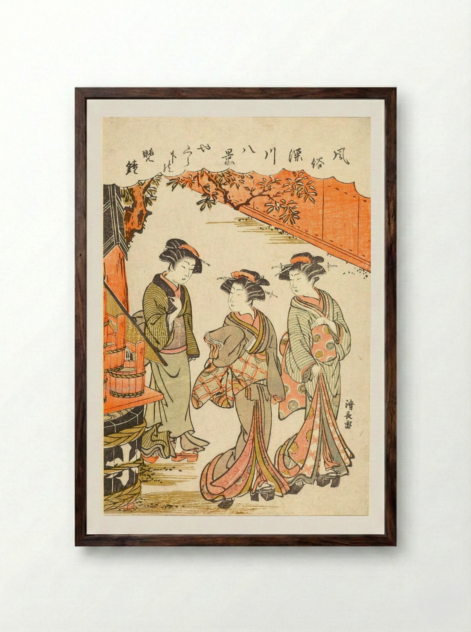 Evening Bell Under the Entry Tower - Torii Kiyonaga - Framed Print Dark Wood