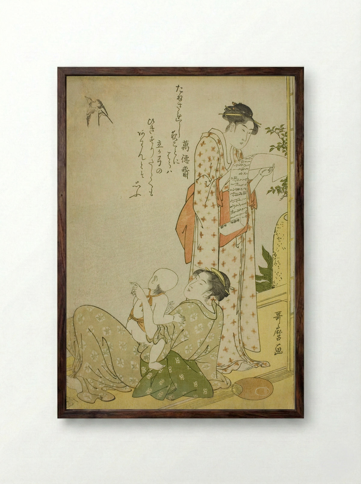 Evening Cool on the Verandah - Kitagawa Utamaro - Framed Print Dark Wood