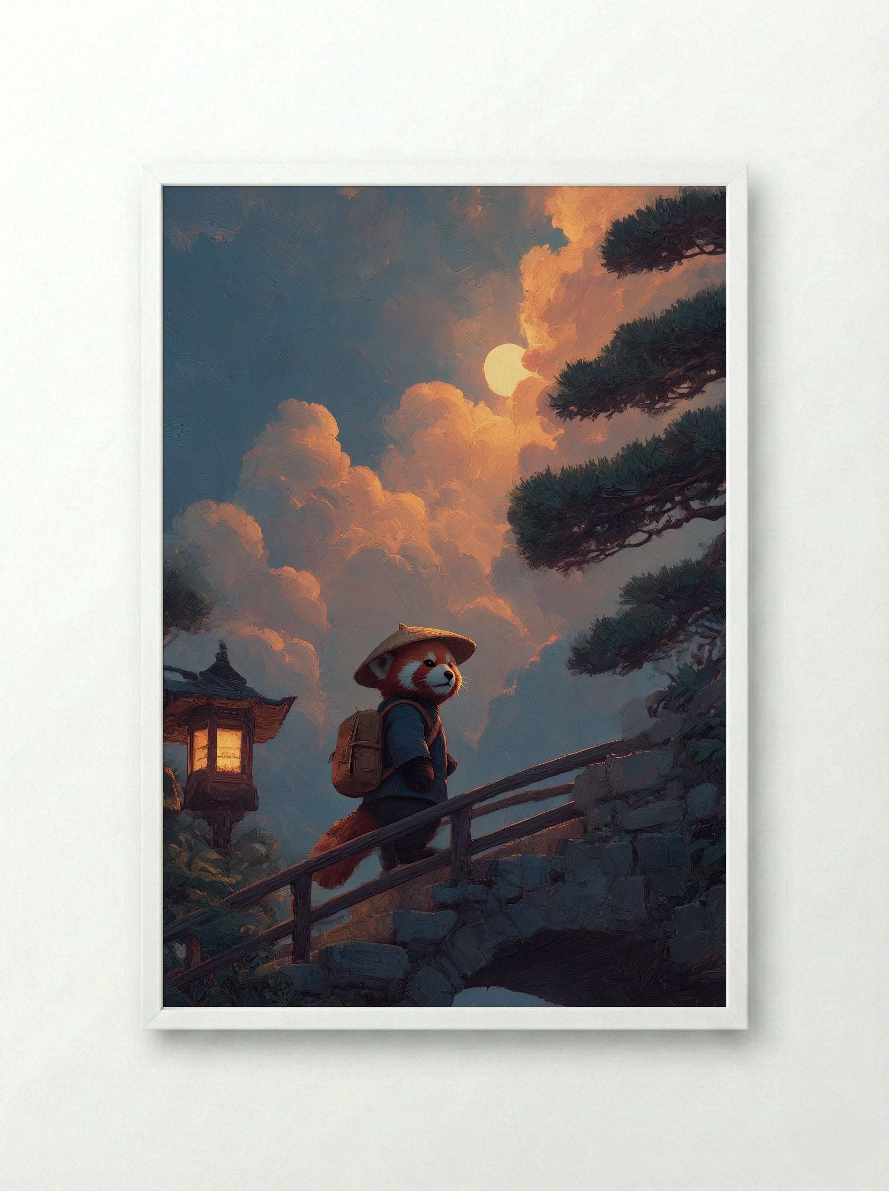 Evening Journey – Red Panda Lantern Walk Art Print - Framed Print White