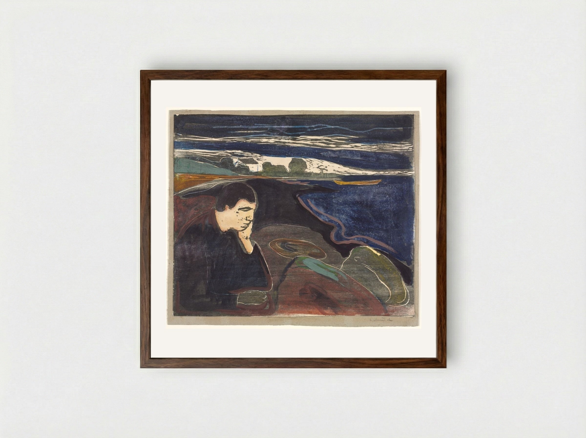 Evening, Melancholy I - Edvard Munch - Framed Print Dark Wood