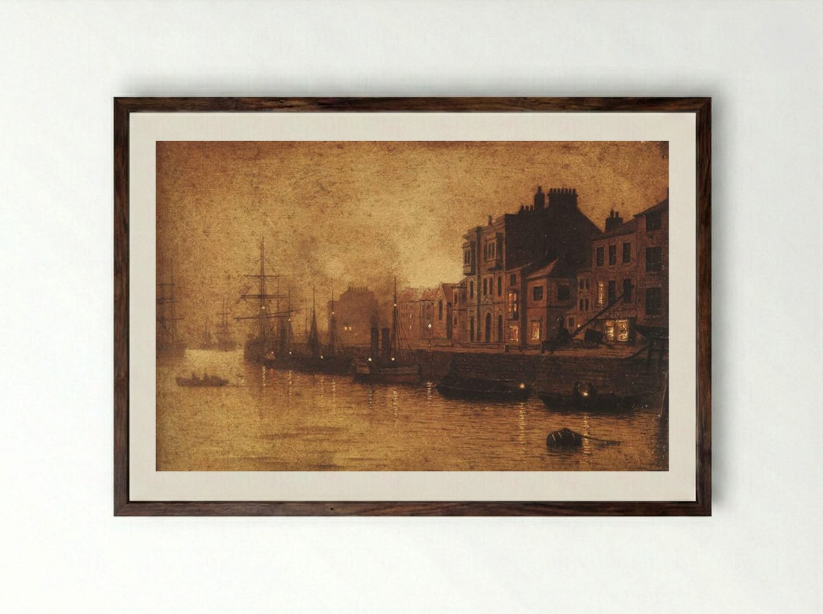 Evening, Whitby Harbour - John Atkinson Grimshaw - Framed Print Dark Wood