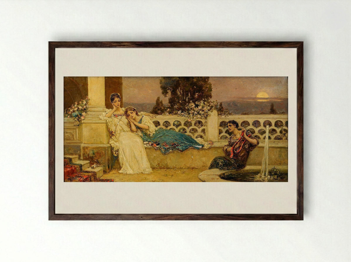 Evening at the Terrace - Wilhelm Kotarbinski - Framed Print Dark Wood