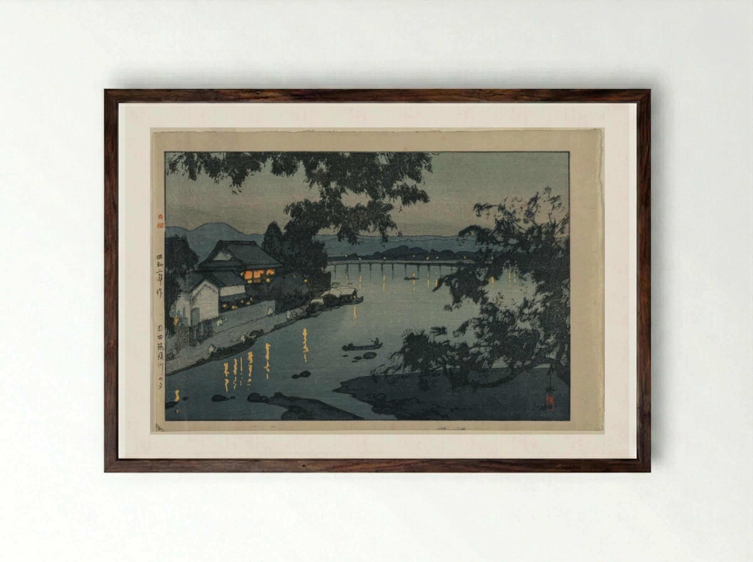 Evening on the Chikugo River - Yoshida Hiroshi - Framed Print Dark Wood