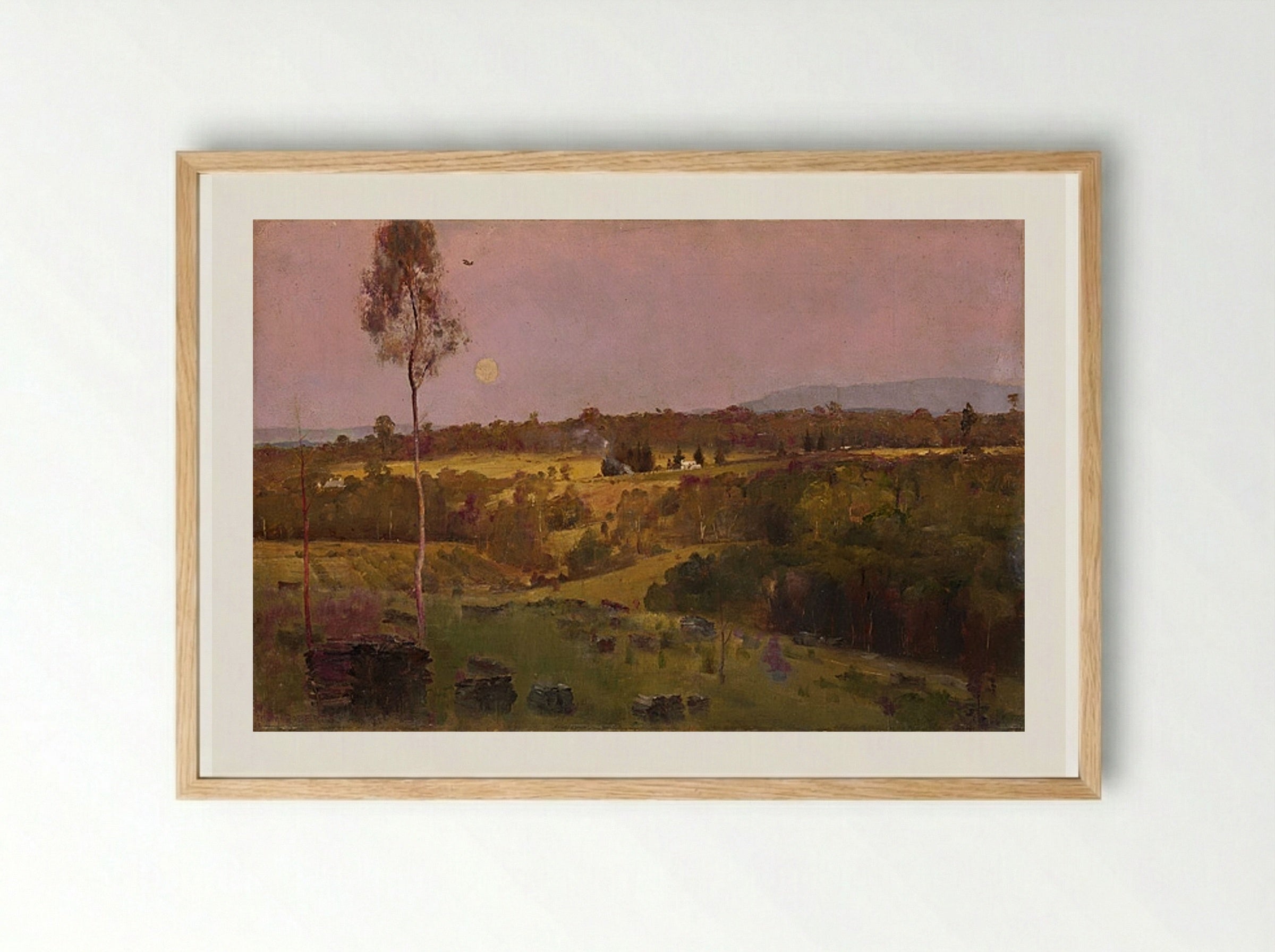 Evening, when the quiet east flushes faintly at the sun's last look - Tom Roberts - Framed Print Wood