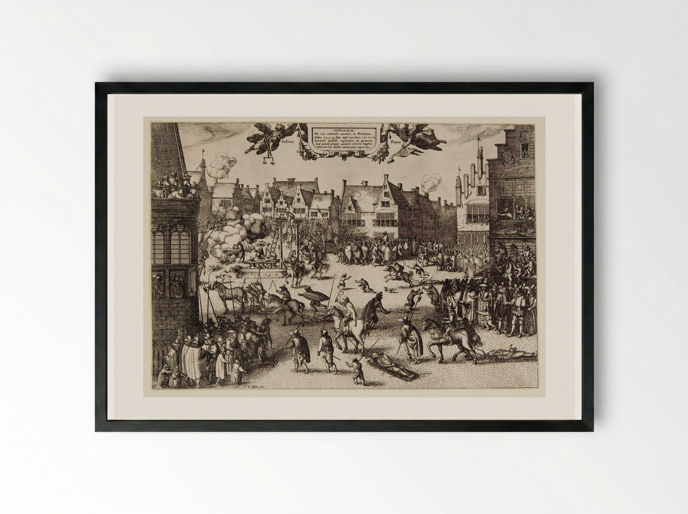 Execution of the Conspirators in the Gunpowder Plot - Claes Jansz. Visscher - Framed Print Black