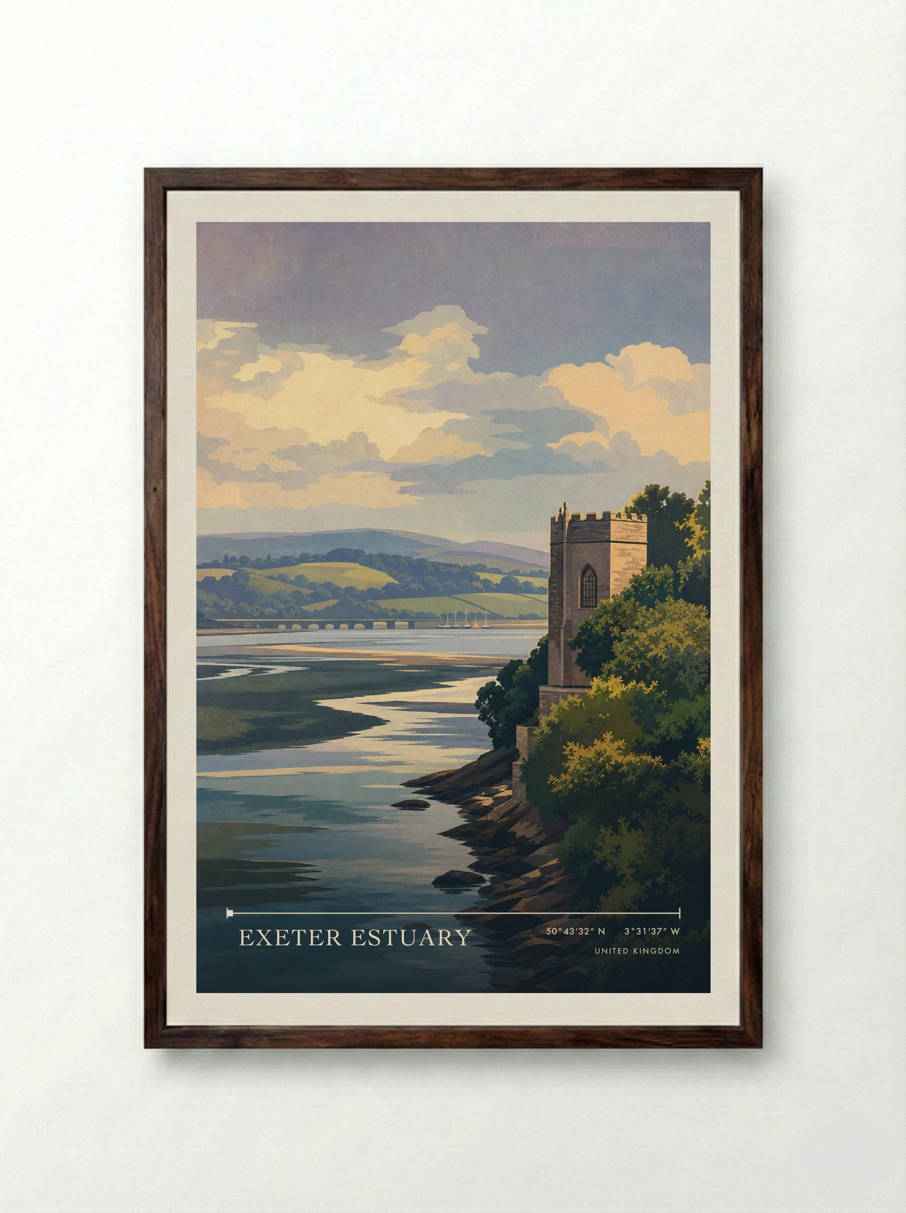 Exeter Estuary United Kingdom Travel Poster - Framed Print Dark Wood