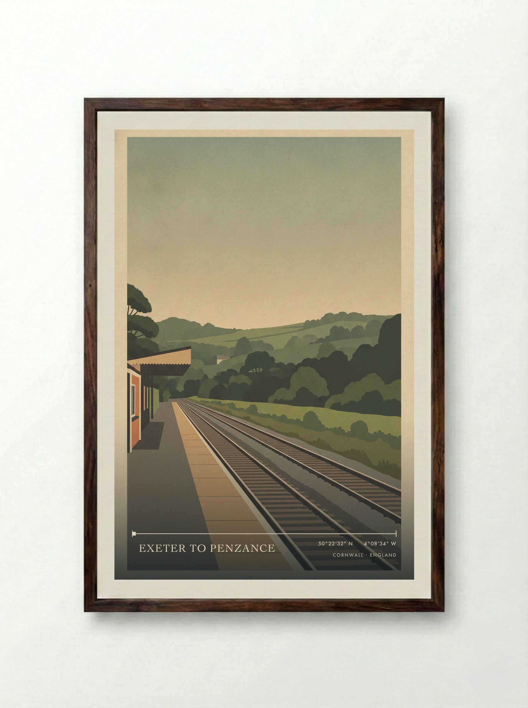 Exeter to Penzance Cornwall England Travel Poster - Framed Print Dark Wood