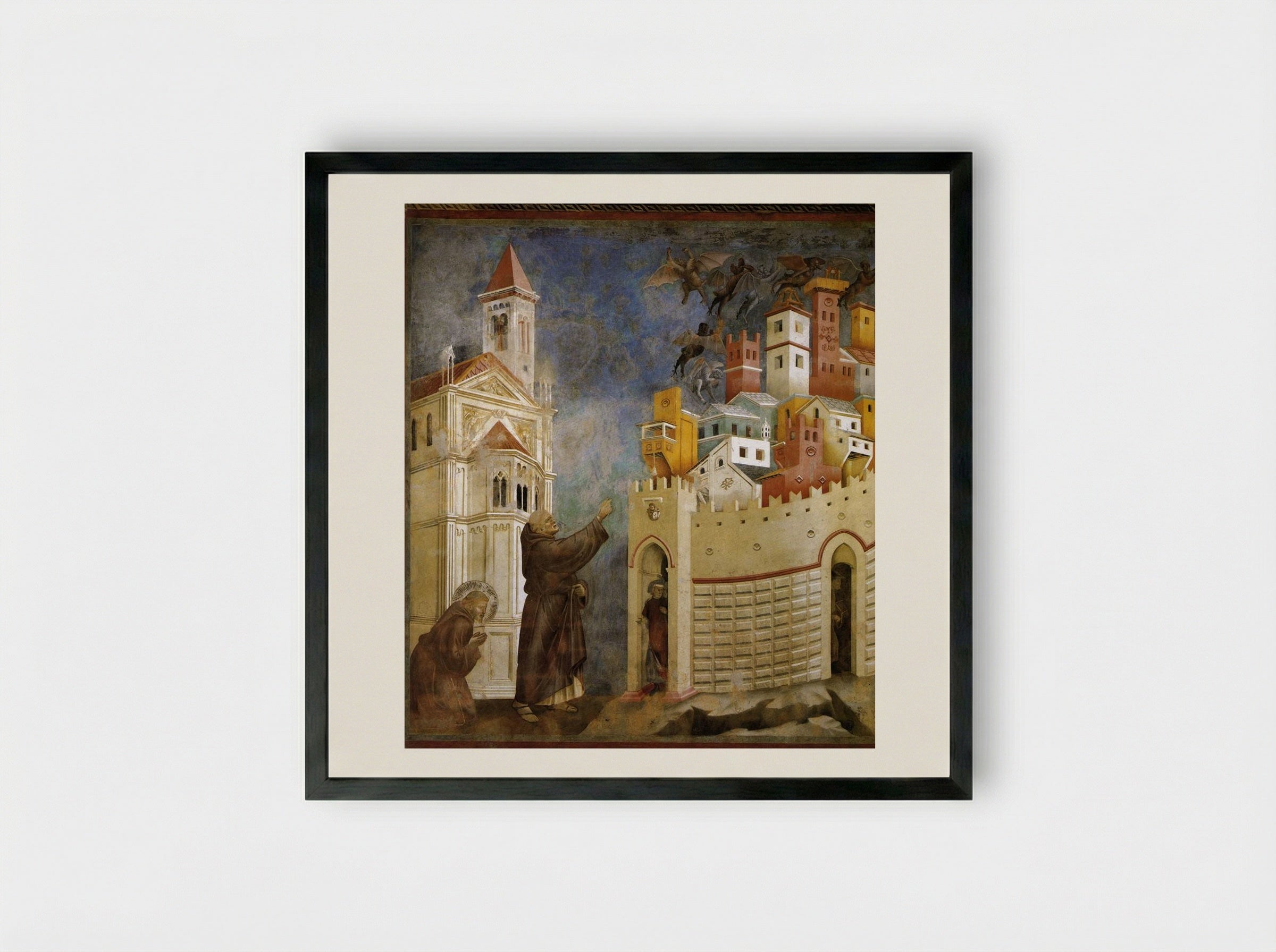 Exorcism of the Demons at Arezzo - Giotto di Bondone - Framed Print Black