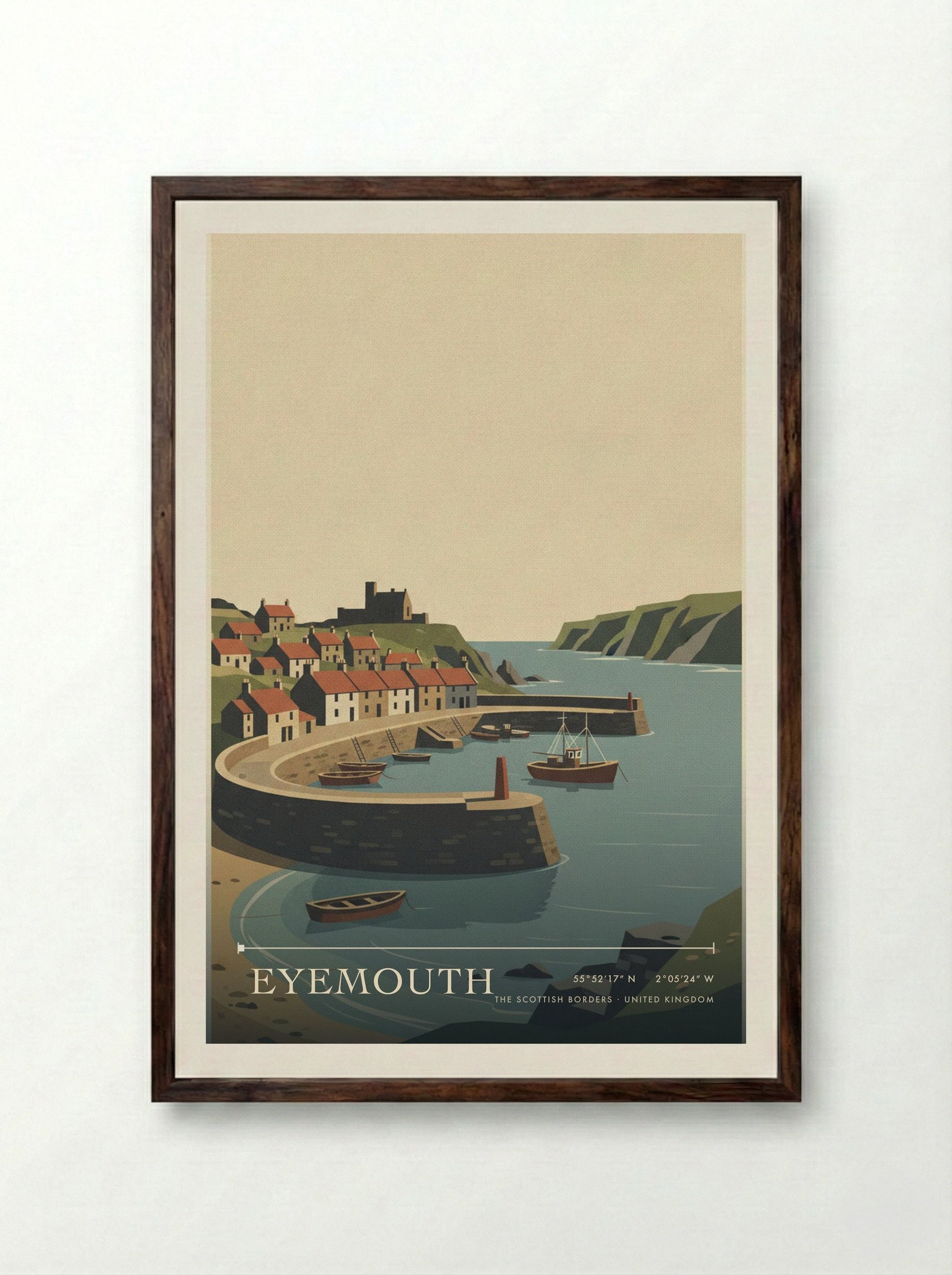 Eyemouth The Scottish Borders United Kingdom Travel Poster - Framed Print Dark Wood