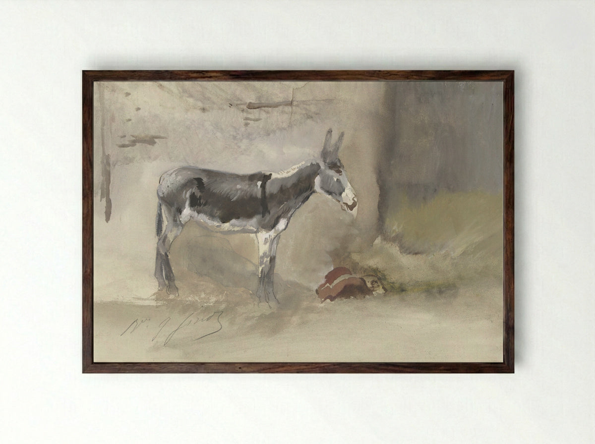 Ezel in een stal - Jules-Jean-Baptiste-Vincent Finot - Framed Print Dark Wood