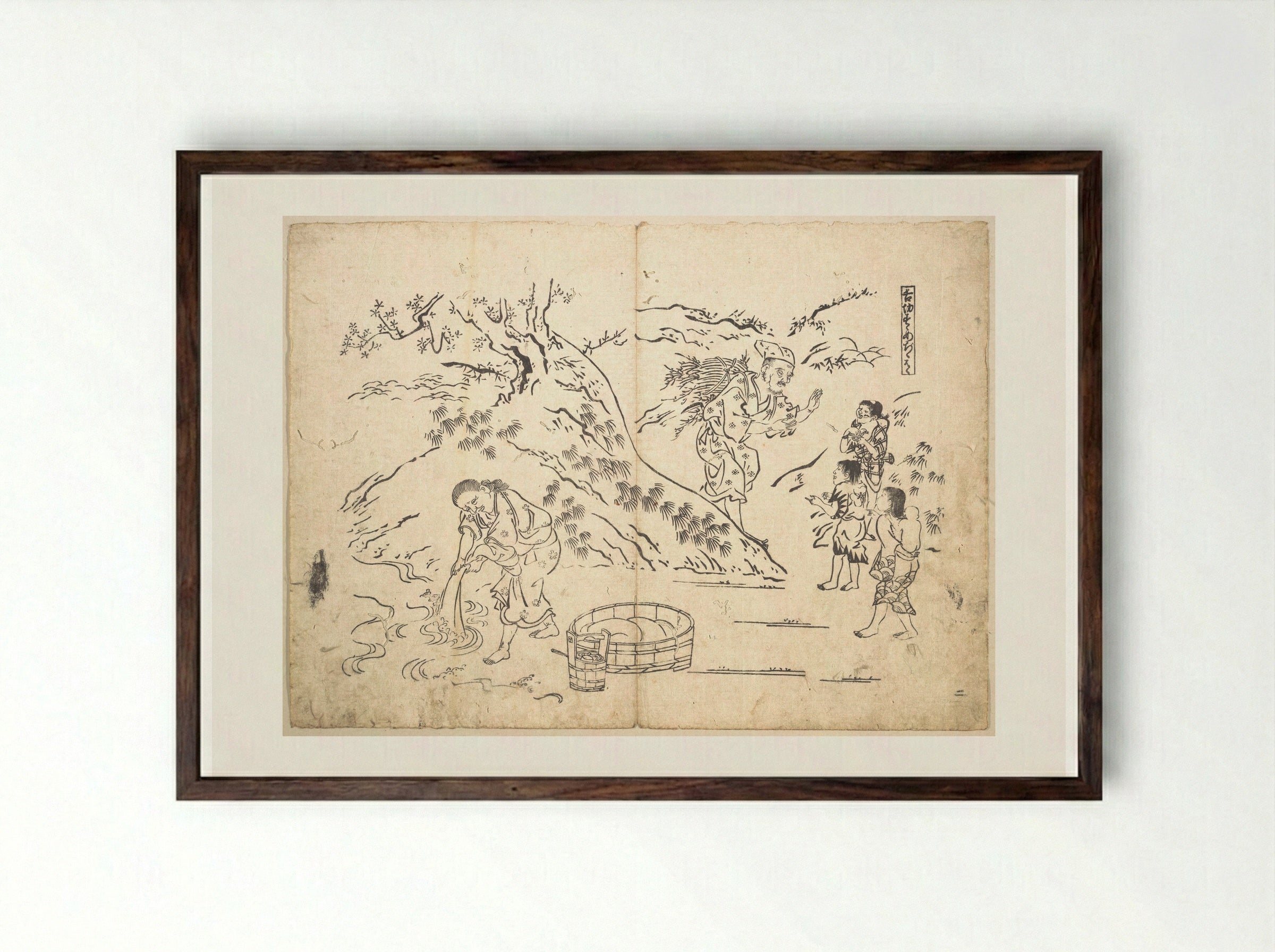 Fagot-gatherer Finds Boy with Sparrow - Okumura Masanobu - Framed Print Dark Wood