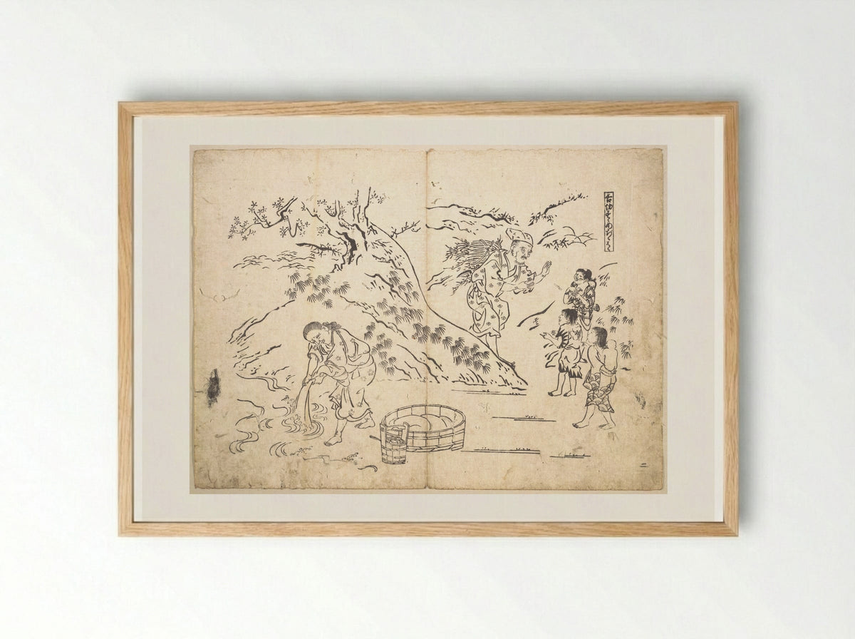 Fagot-gatherer Finds Boy with Sparrow - Okumura Masanobu - Framed Print Wood