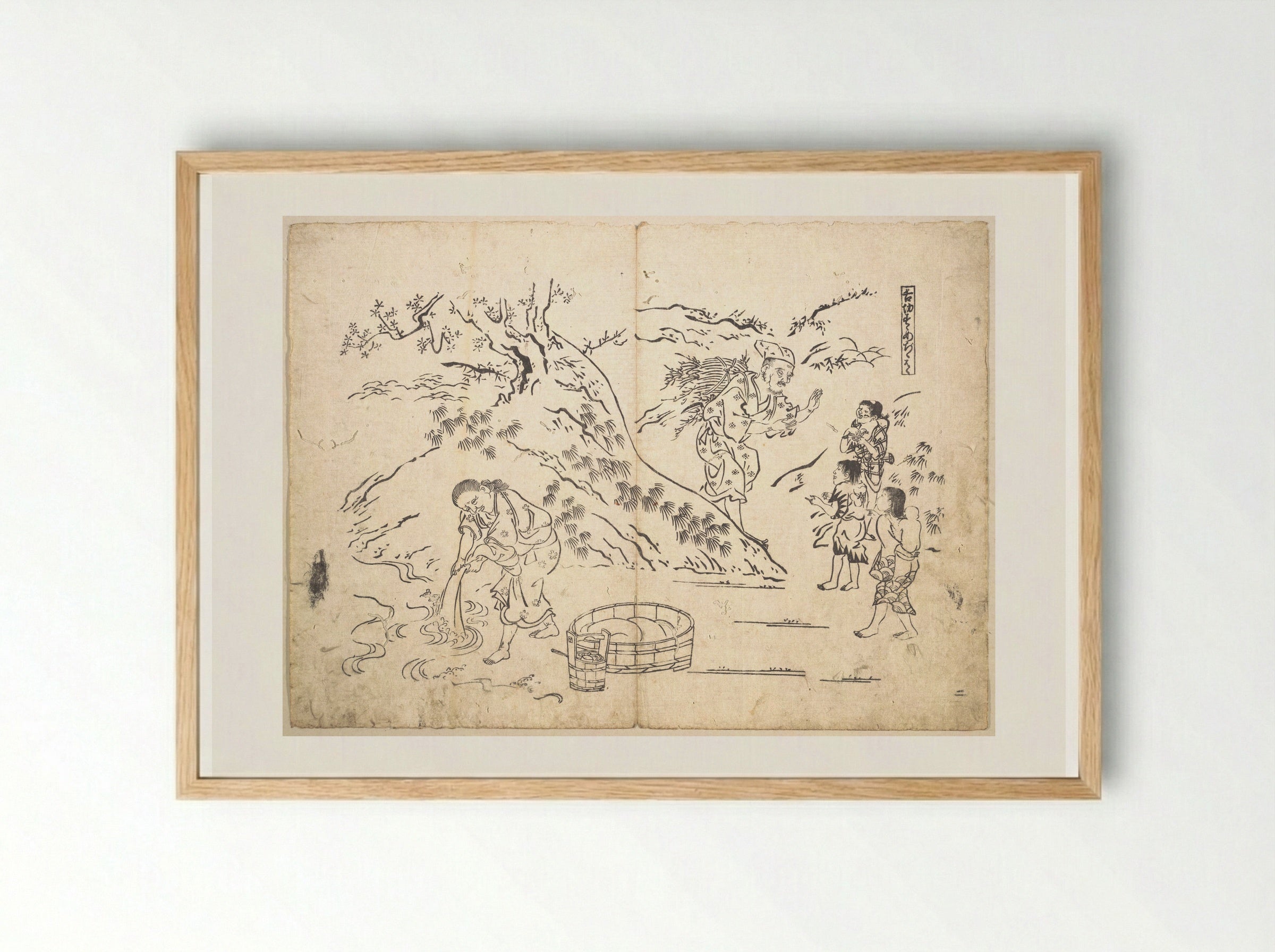 Fagot-gatherer Finds Boy with Sparrow - Okumura Masanobu - Framed Print Wood