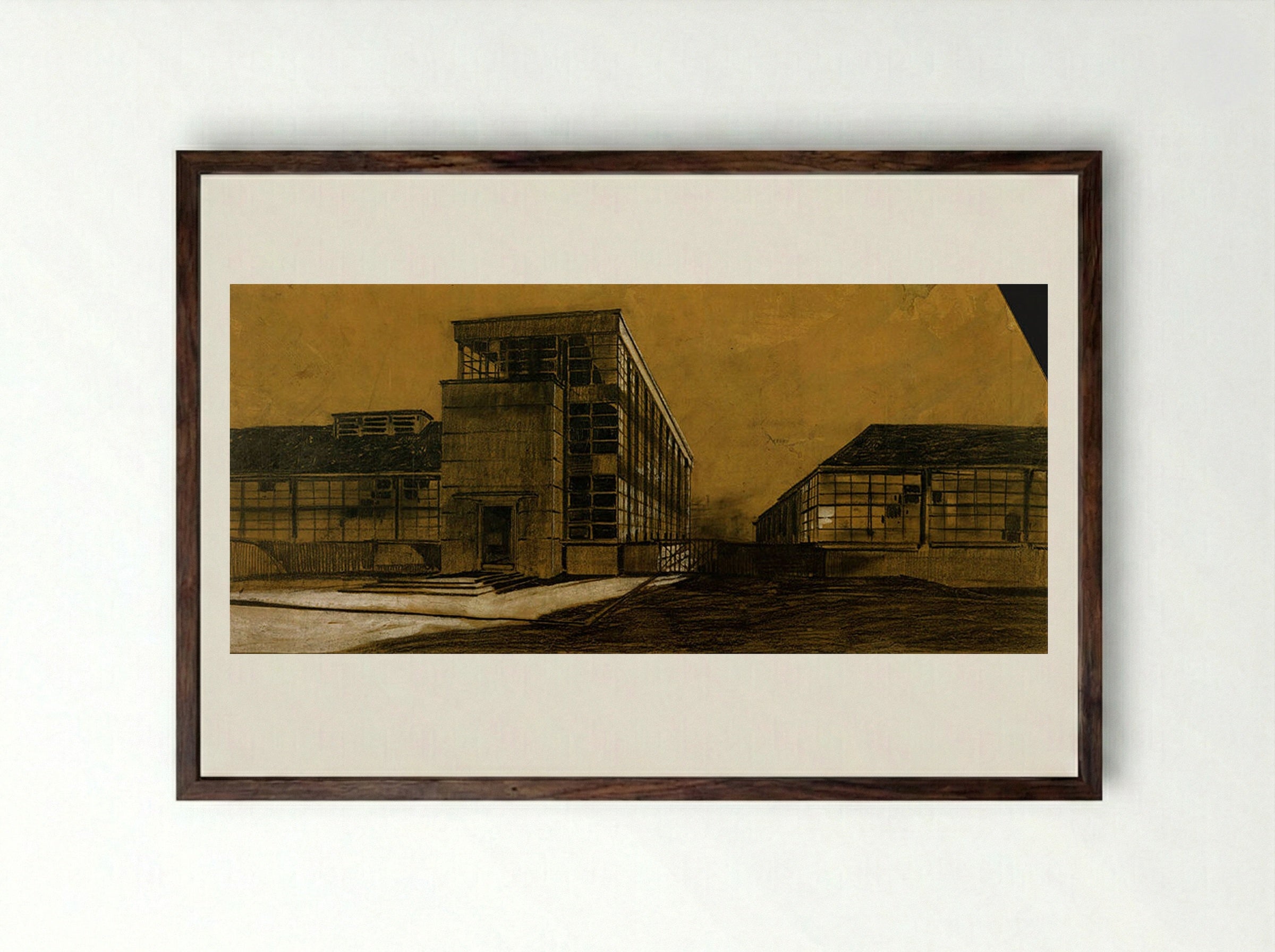 Fagus Shoe-Last Factory, Alfeld a. d. Leine: Perspective from Southwest - Walter Gropius - Framed Print Dark Wood