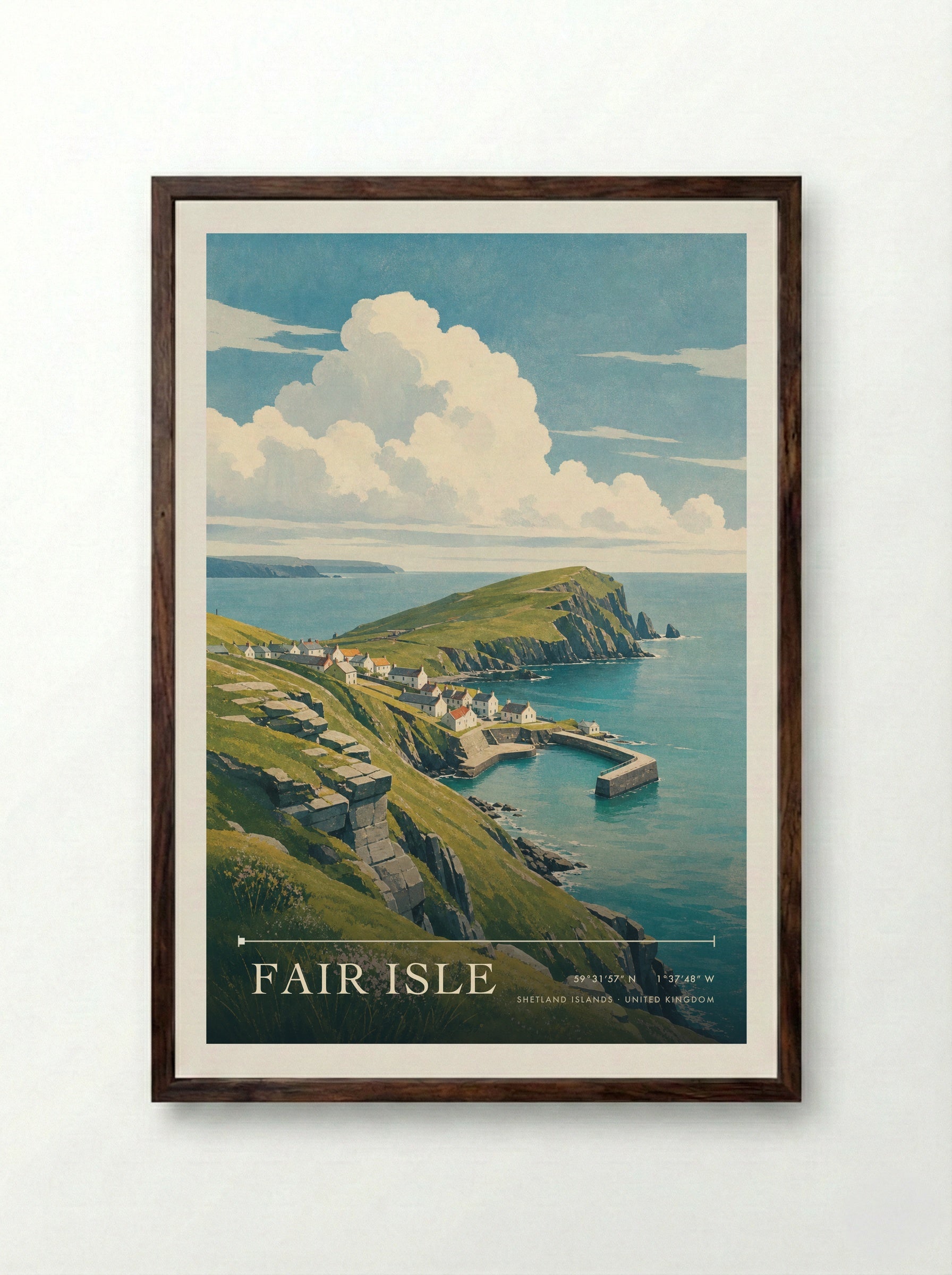 Fair Isle Shetland Islands United Kingdom Travel Poster - Framed Print Dark Wood