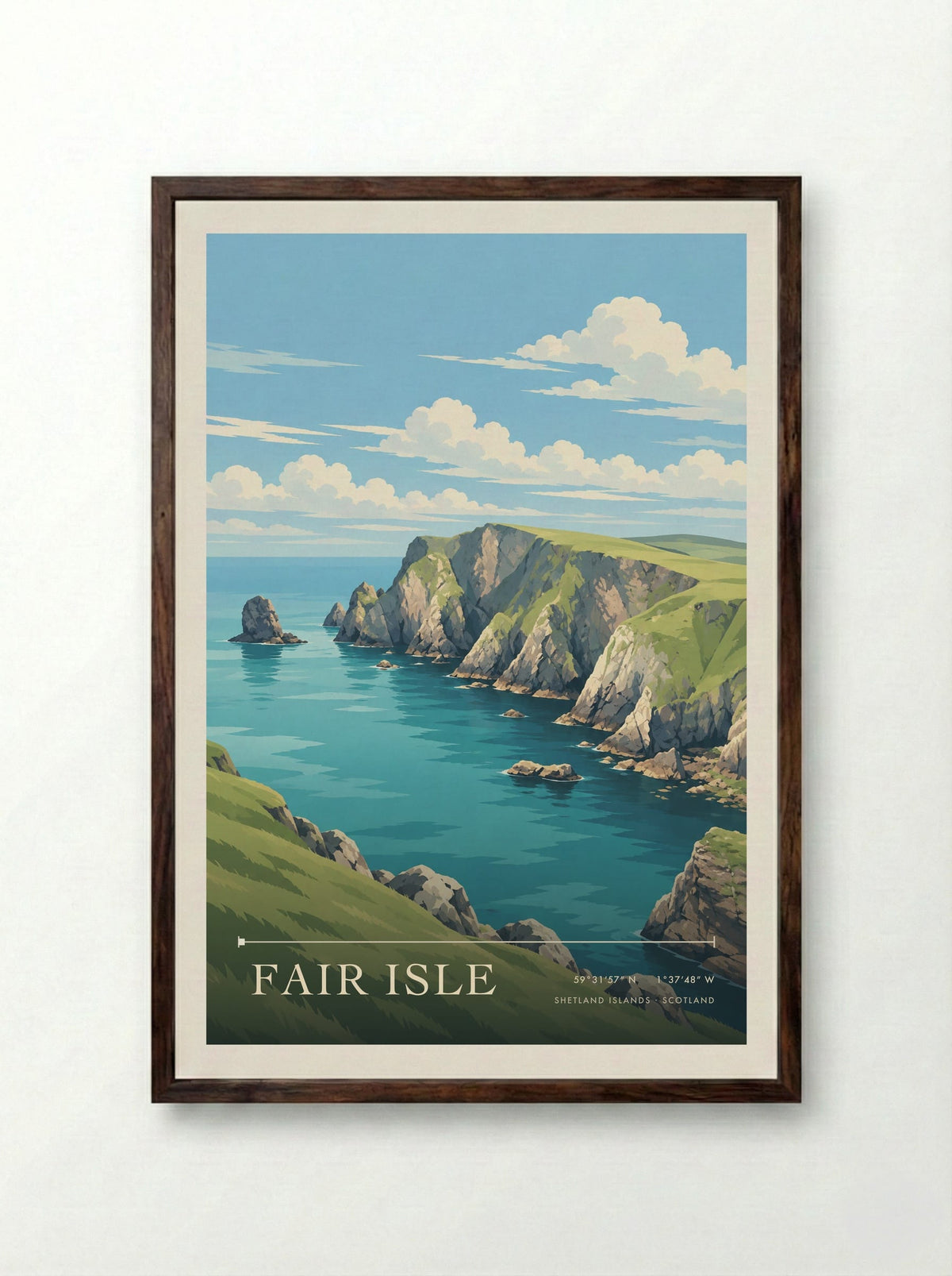 Fair Isle, Shetland Islands | Travel Poster - Framed Print Dark Wood