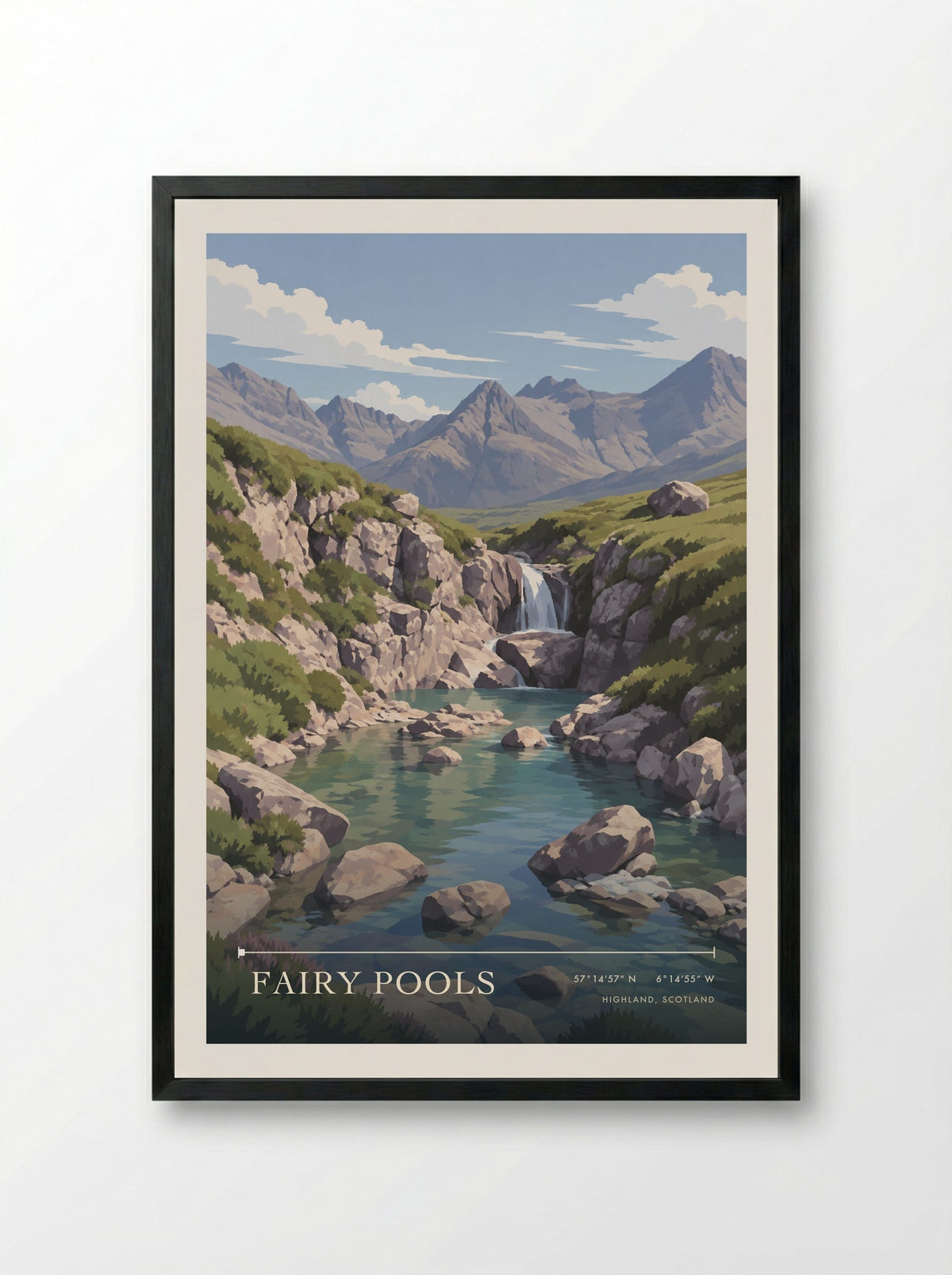 Fairy Pools, Highland, Scotland | Travel Poster - Framed Print Black