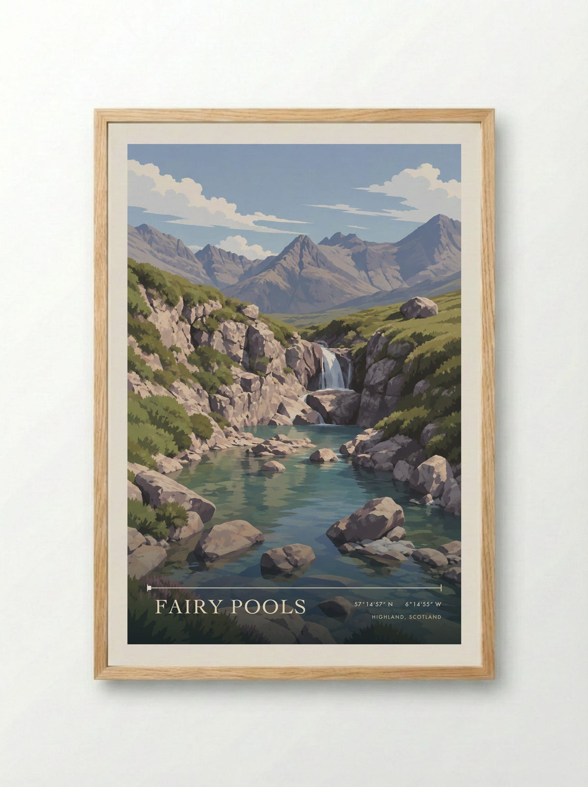 Fairy Pools, Highland, Scotland | Travel Poster - Framed Print Wood