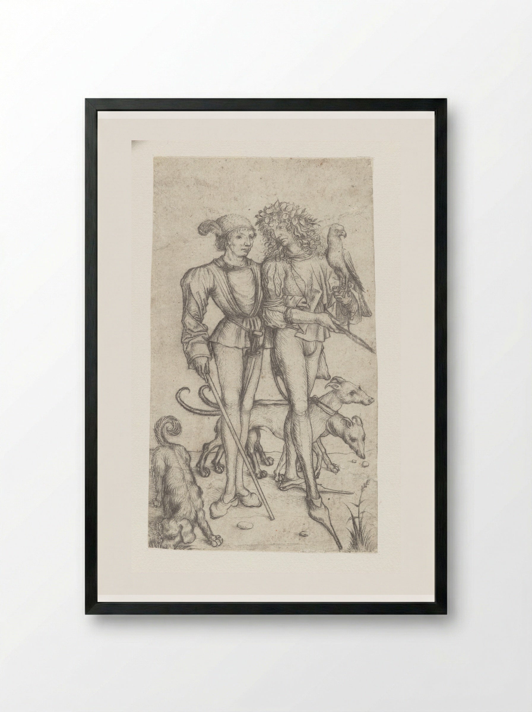 Falconer and Companion - Master of the Amsterdam Cabinet - Framed Print Black