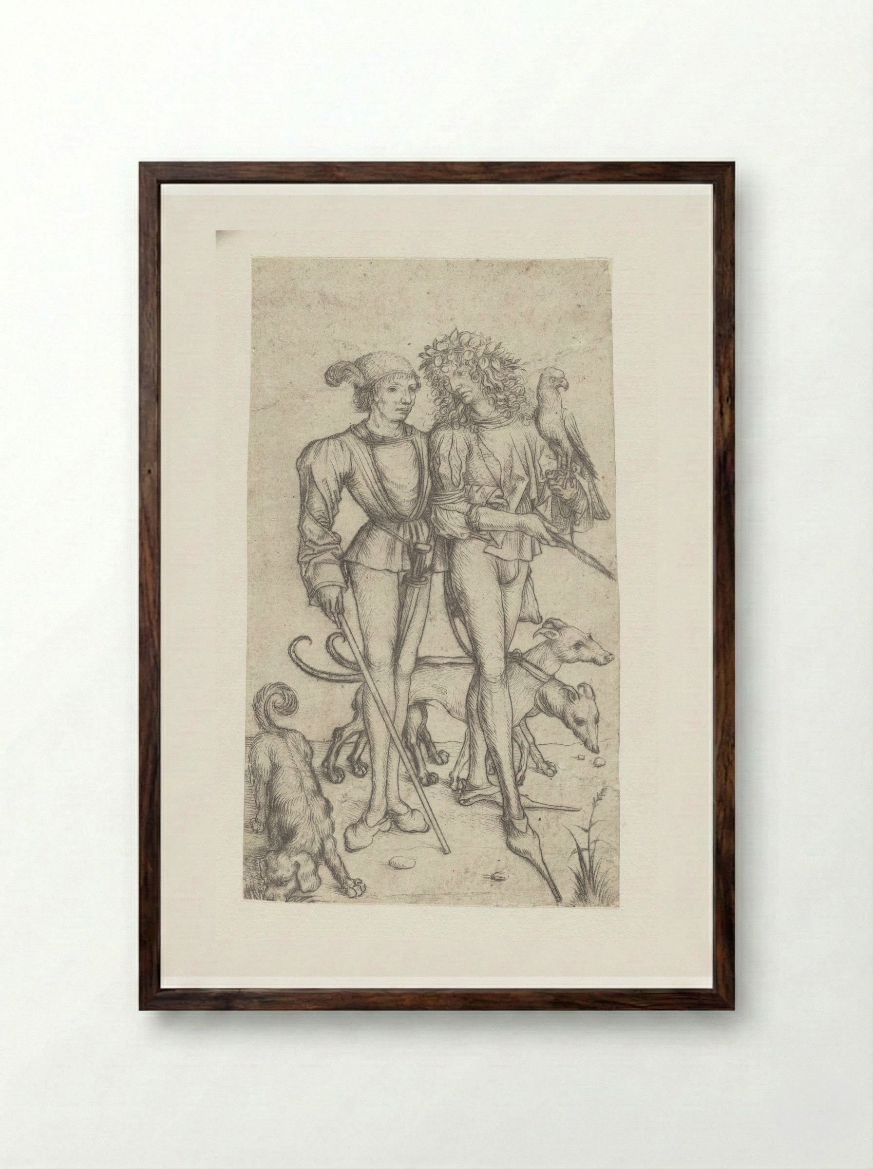 Falconer and Companion - Master of the Amsterdam Cabinet - Framed Print Dark Wood
