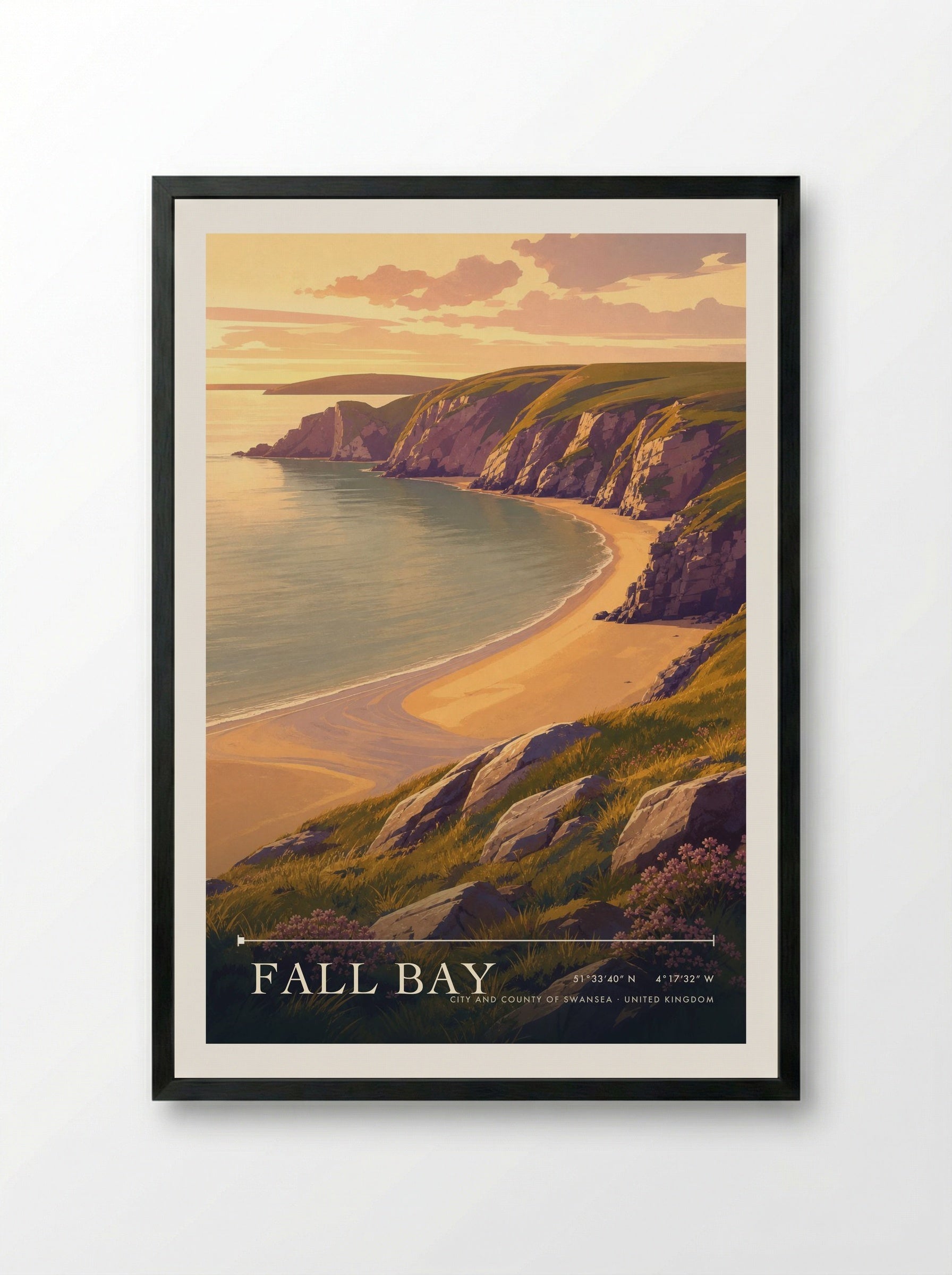 Fall Bay City and County of Swansea United Kingdom Travel Poster - Framed Print Black