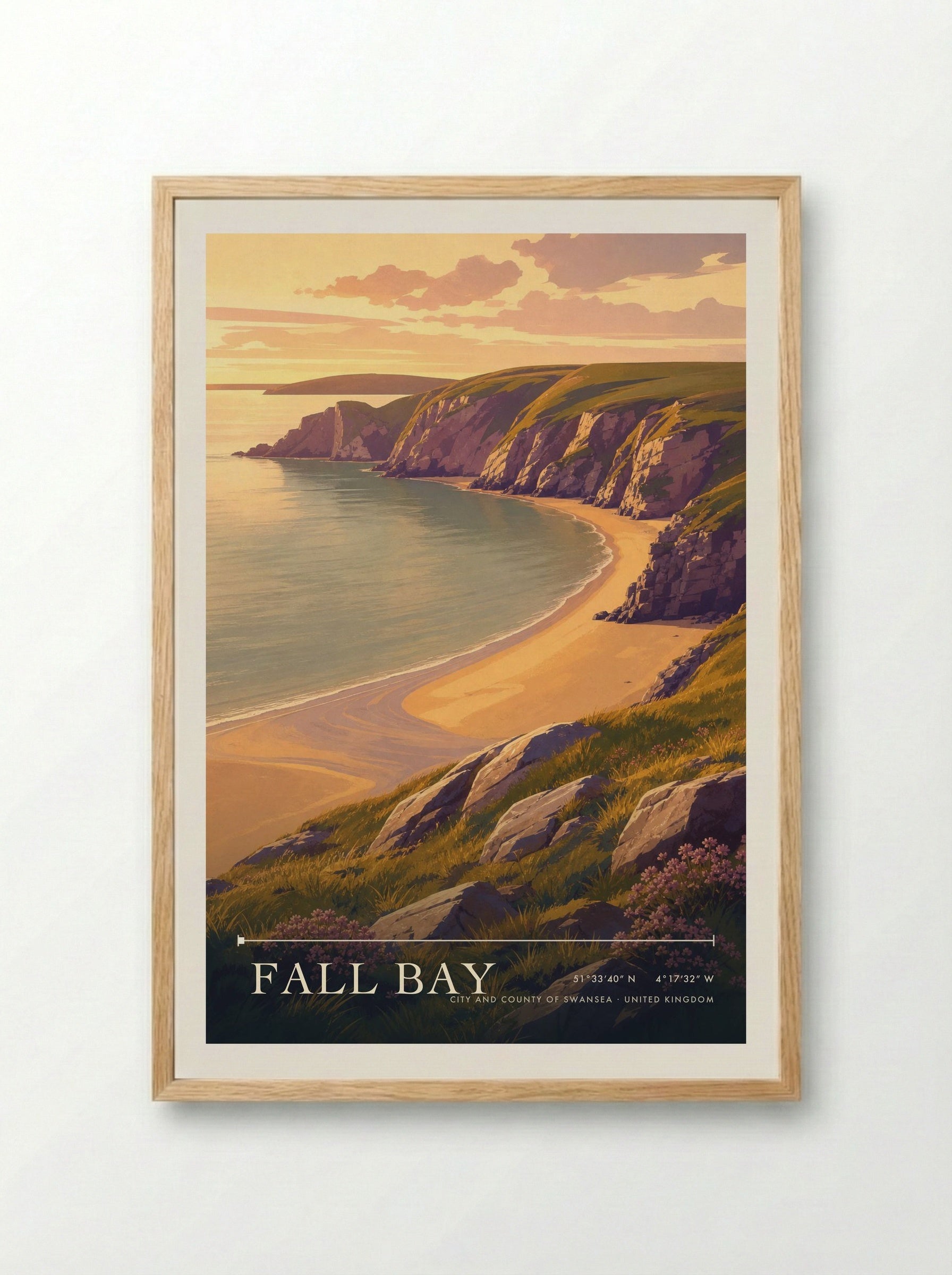 Fall Bay City and County of Swansea United Kingdom Travel Poster - Framed Print Wood
