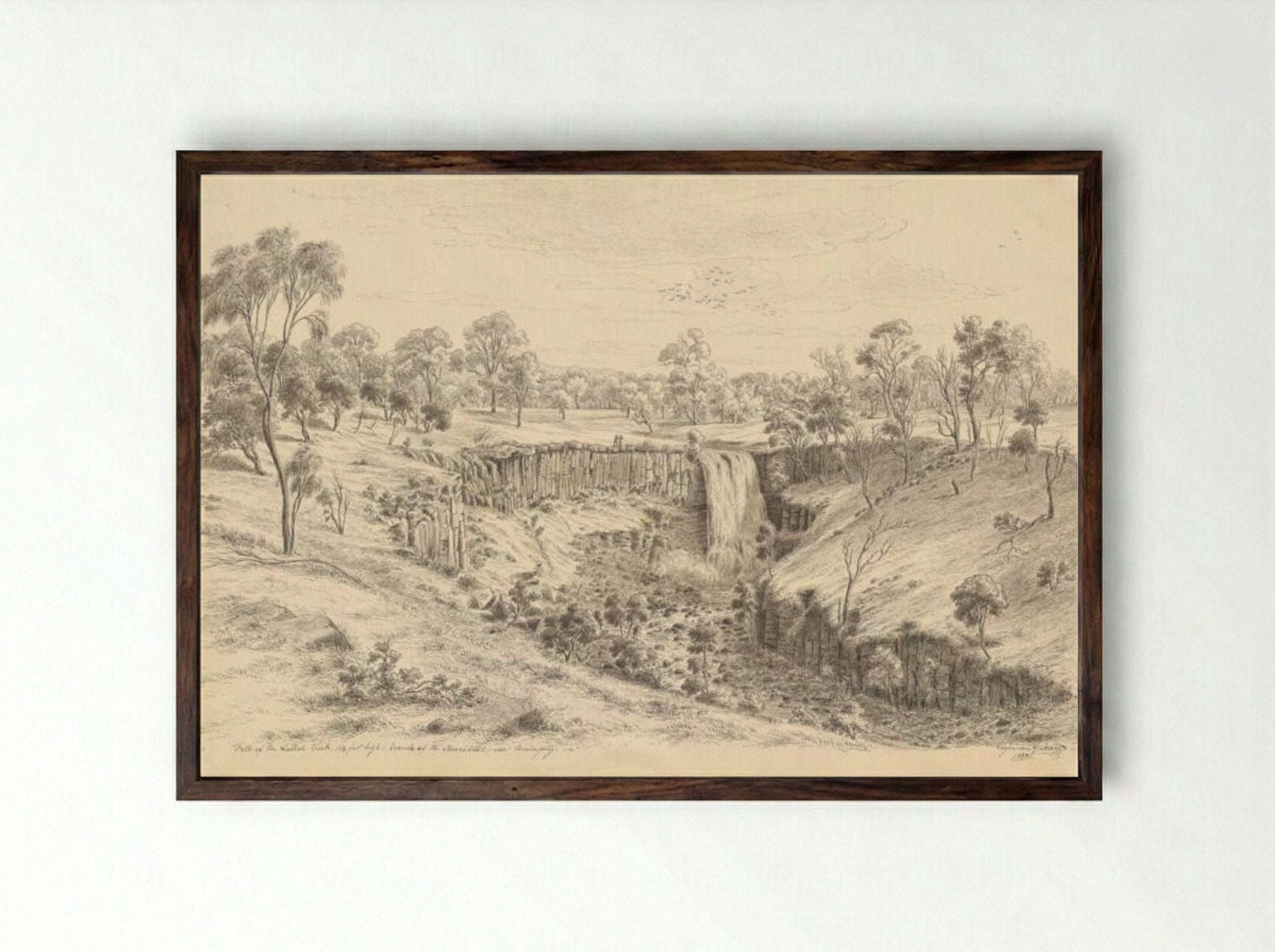 Fall of the Lallal creek, 112 feet high, branch of the Moorobool near Buninyong - Eugene von Guerard - Framed Print Dark Wood