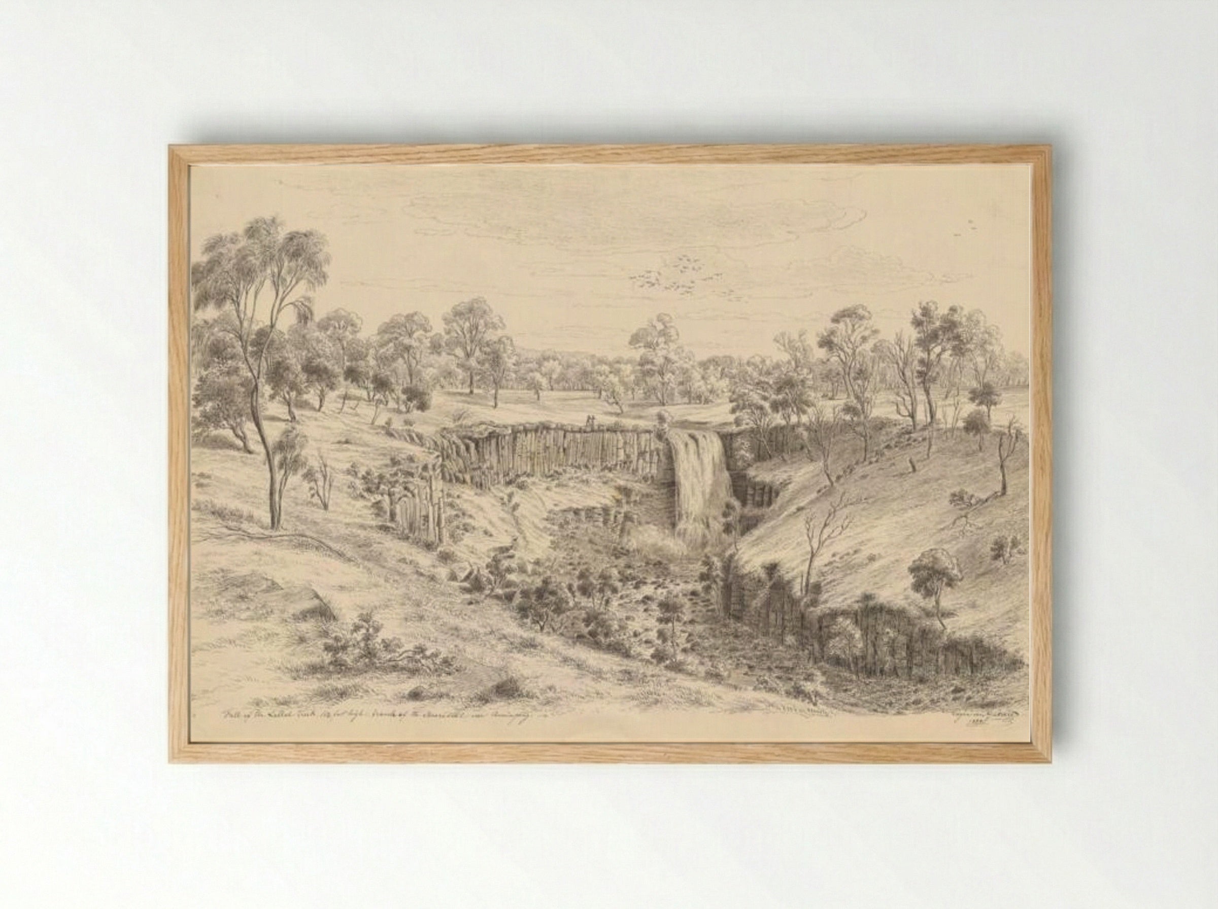 Fall of the Lallal creek, 112 feet high, branch of the Moorobool near Buninyong - Eugene von Guerard - Framed Print Wood