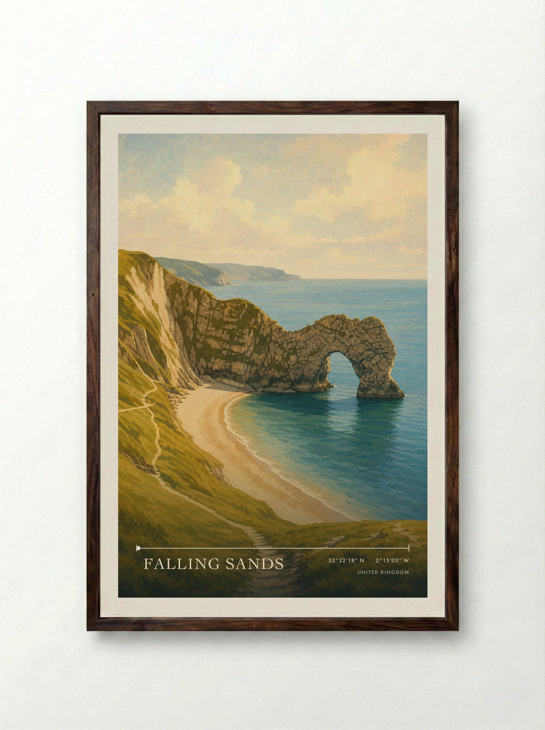 Falling Sands United Kingdom Travel Poster - Framed Print Dark Wood