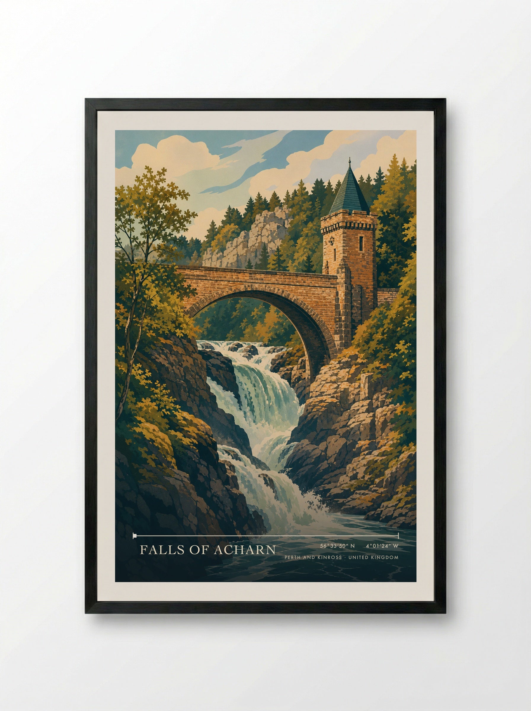 Falls of Acharn Perth and Kinross United Kingdom Travel Poster - Framed Print Black