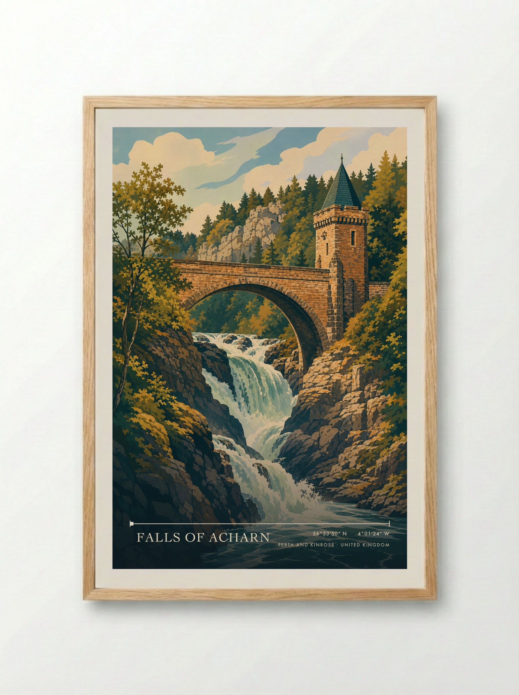 Falls of Acharn Perth and Kinross United Kingdom Travel Poster - Framed Print Wood