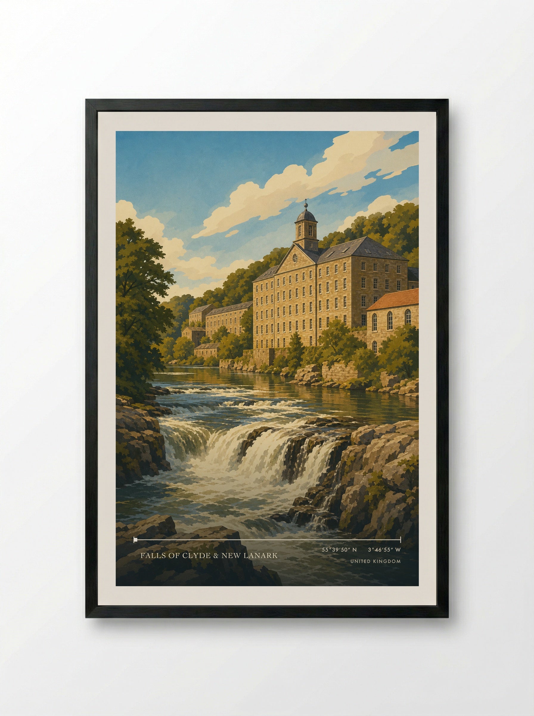 Falls of Clyde & New Lanark United Kingdom Travel Poster - Framed Print Black