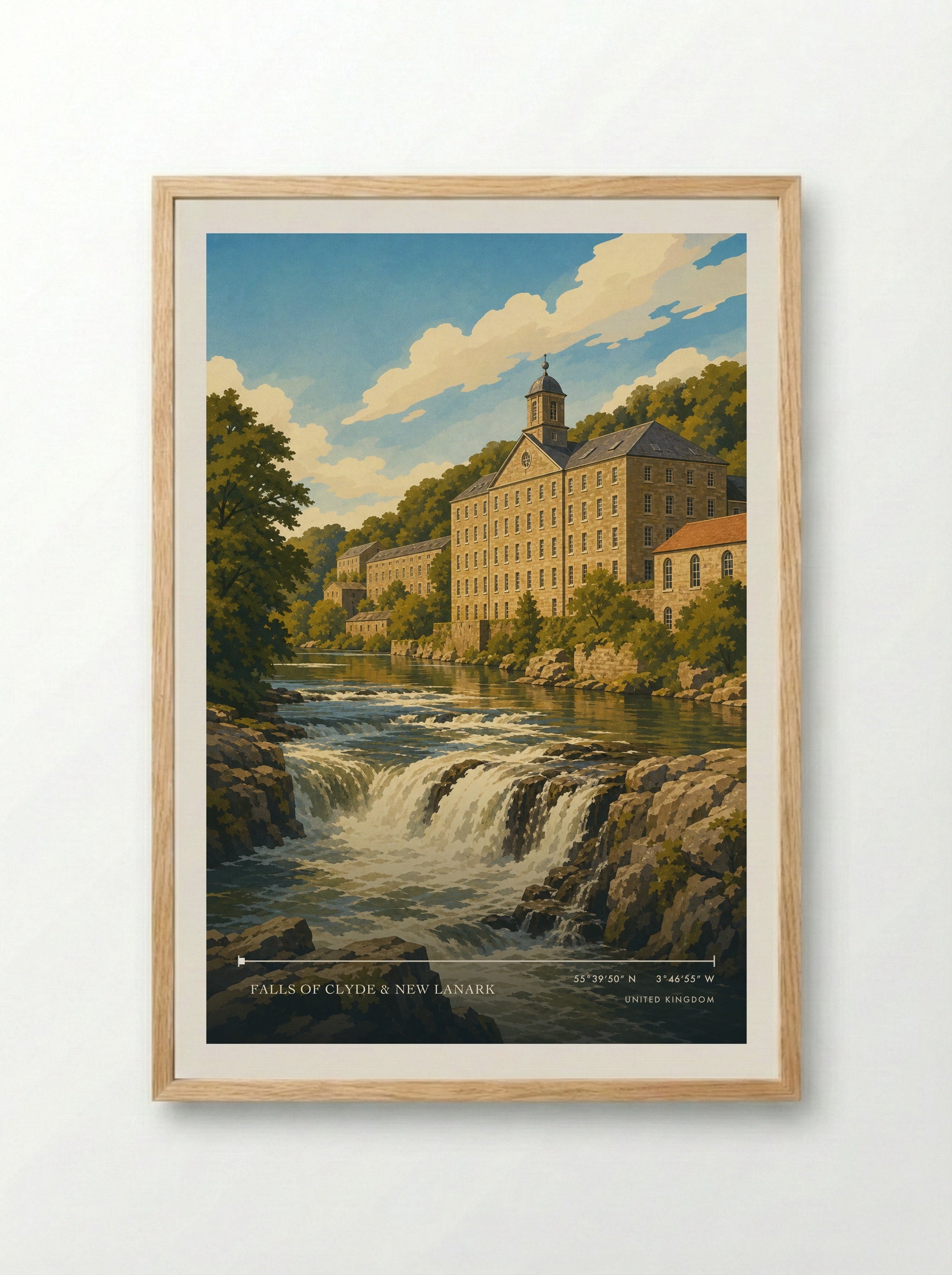 Falls of Clyde & New Lanark United Kingdom Travel Poster - Framed Print Wood