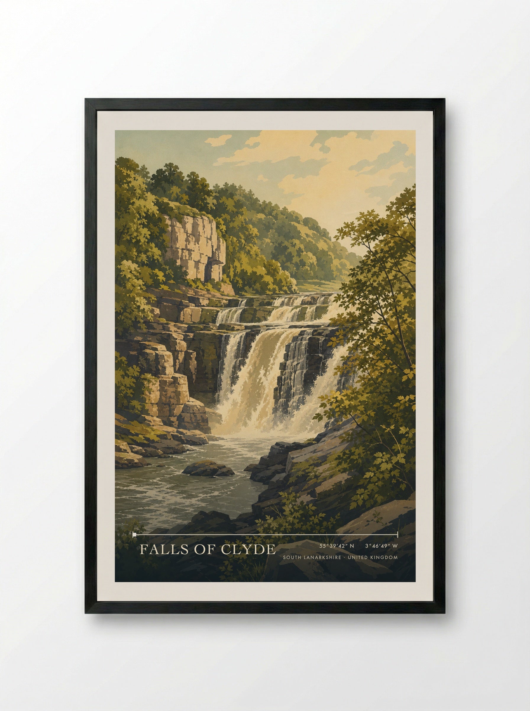 Falls of Clyde South Lanarkshire United Kingdom Travel Poster - Framed Print Black