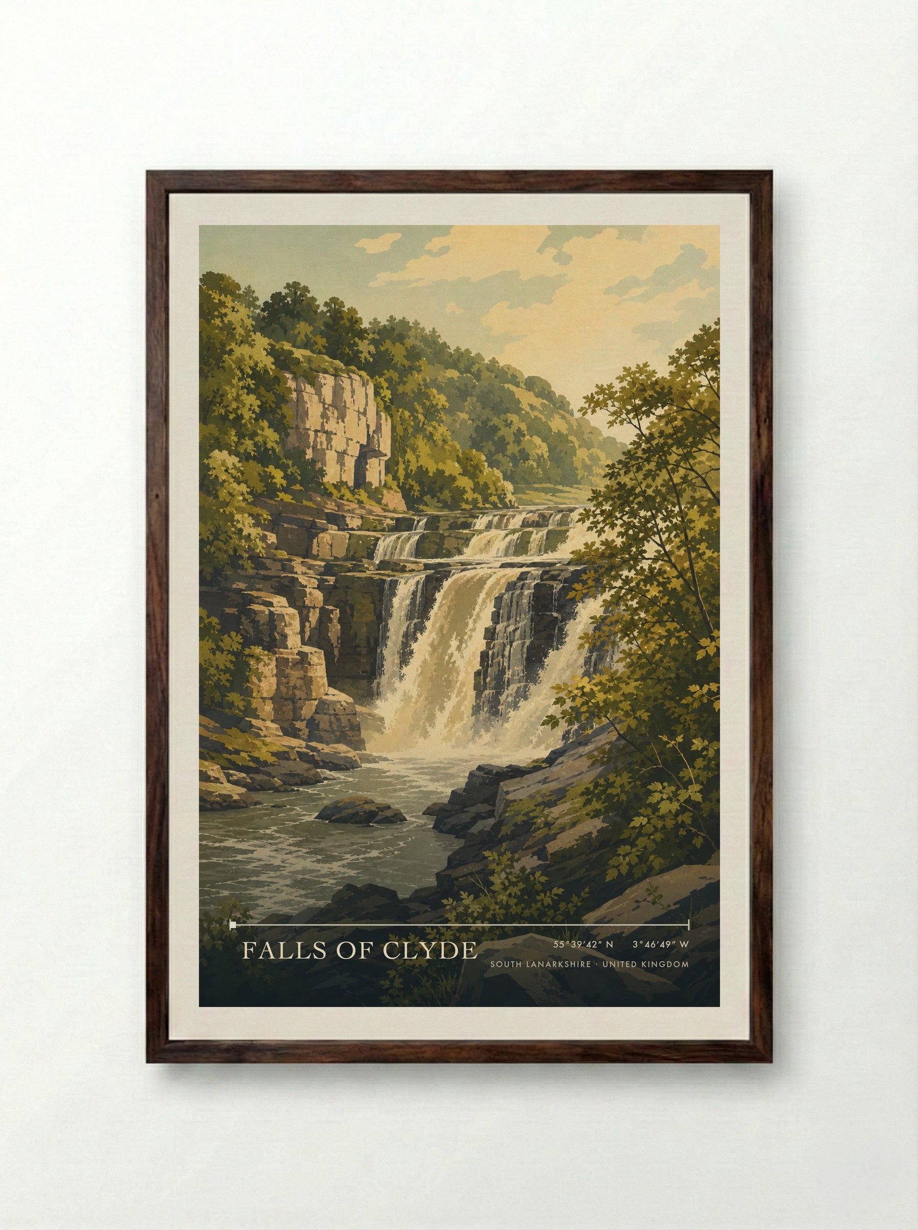 Falls of Clyde South Lanarkshire United Kingdom Travel Poster - Framed Print Dark Wood