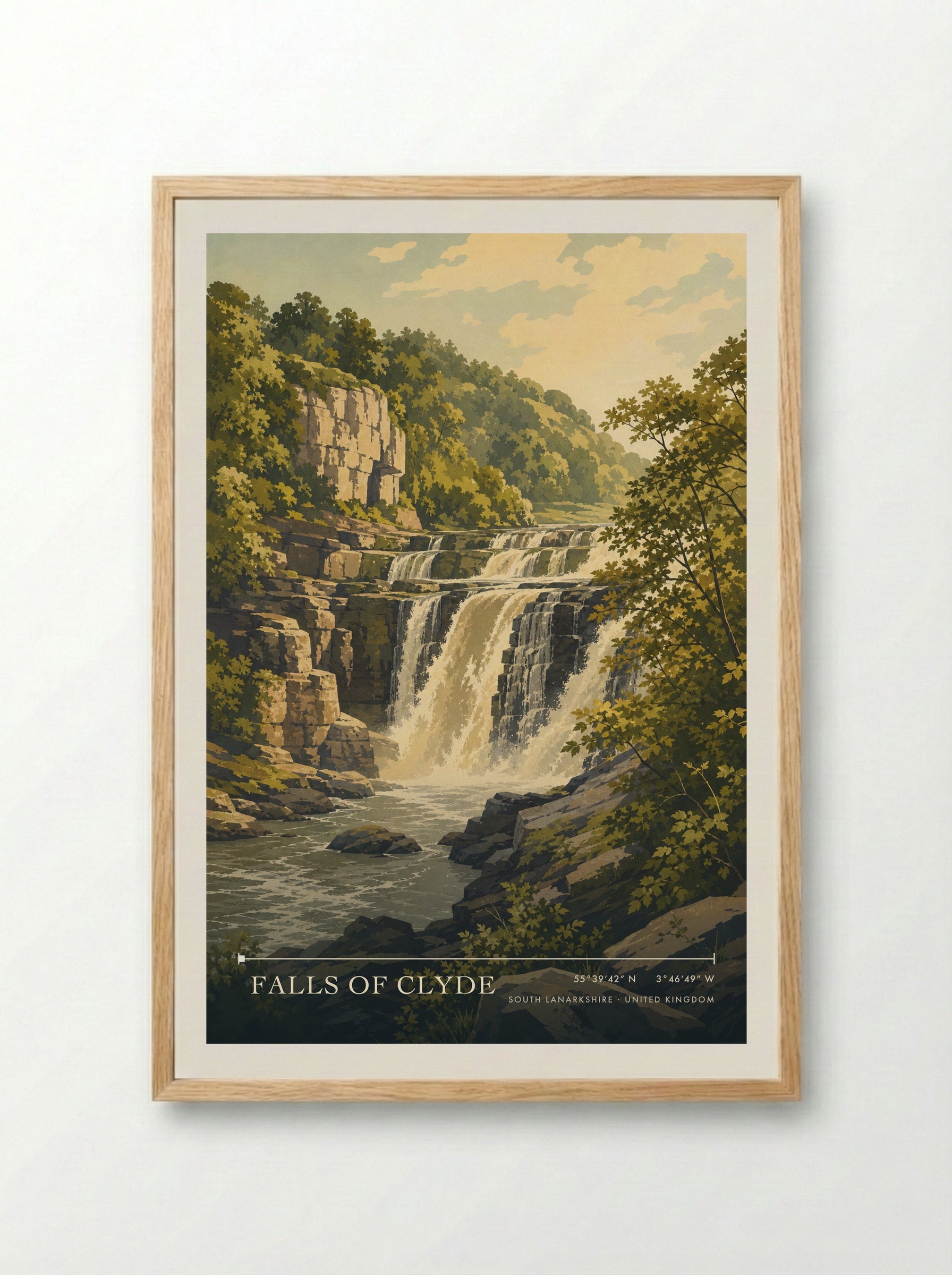 Falls of Clyde South Lanarkshire United Kingdom Travel Poster - Framed Print Wood