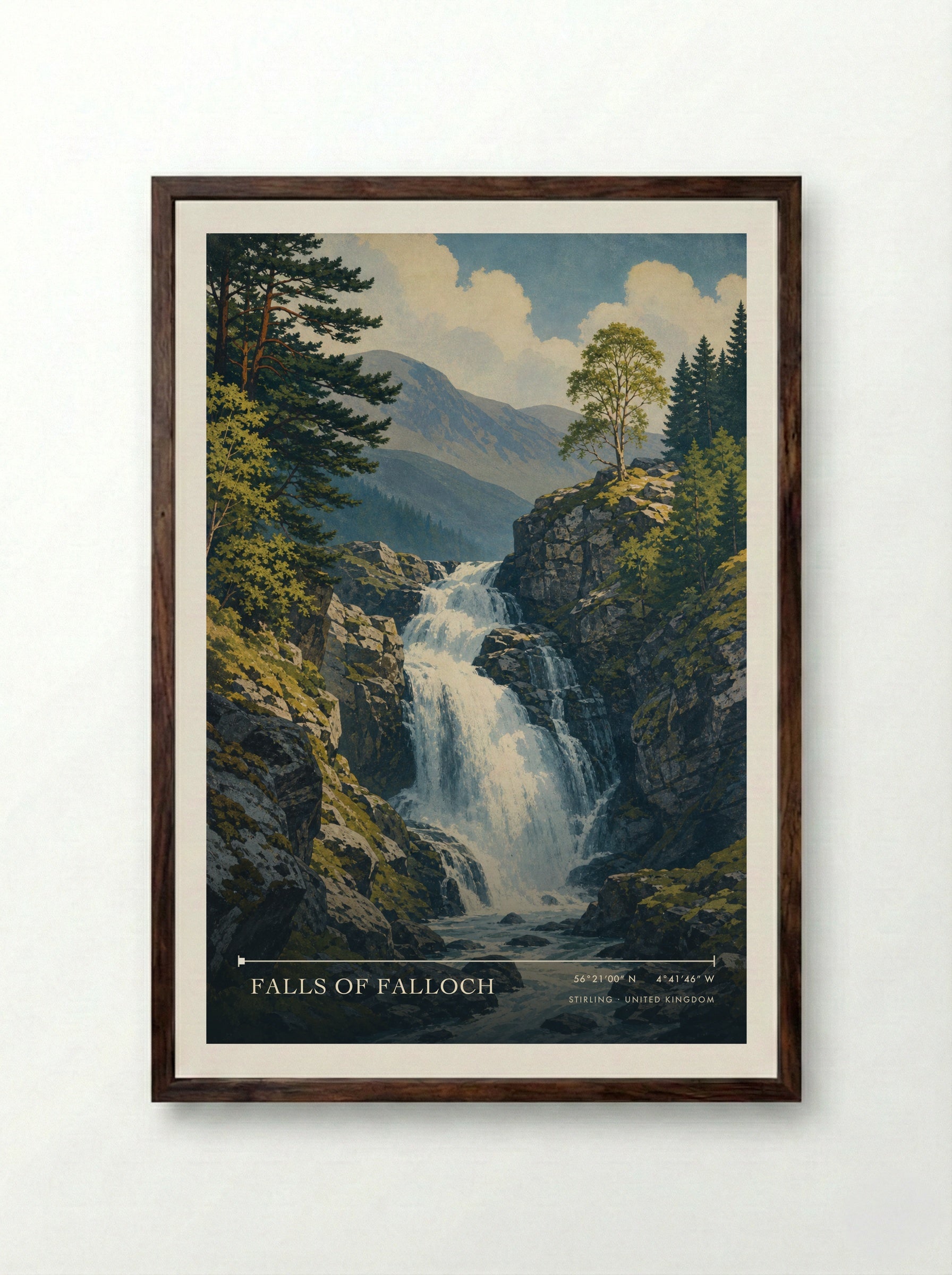 Falls of Falloch Stirling United Kingdom Travel Poster - Framed Print Dark Wood