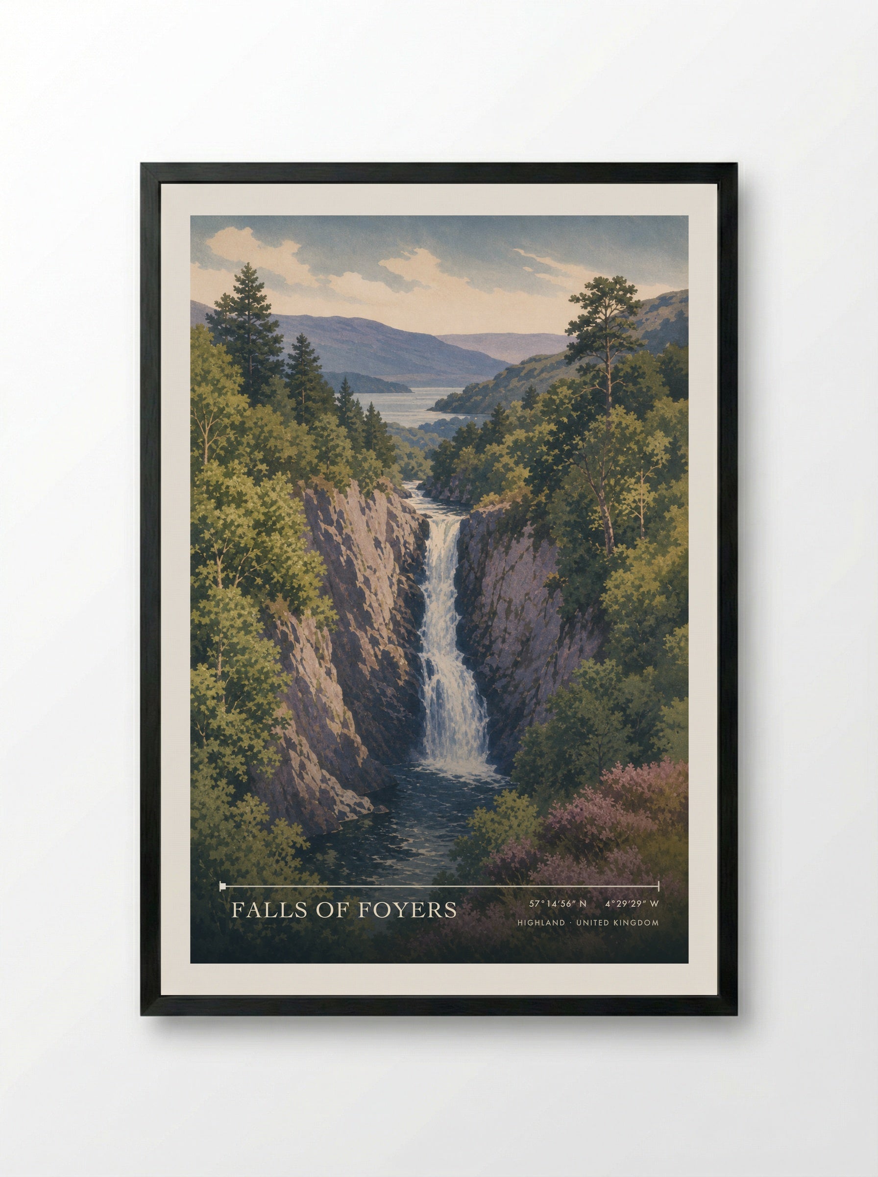 Falls of Foyers Highland United Kingdom Travel Poster - Framed Print Black