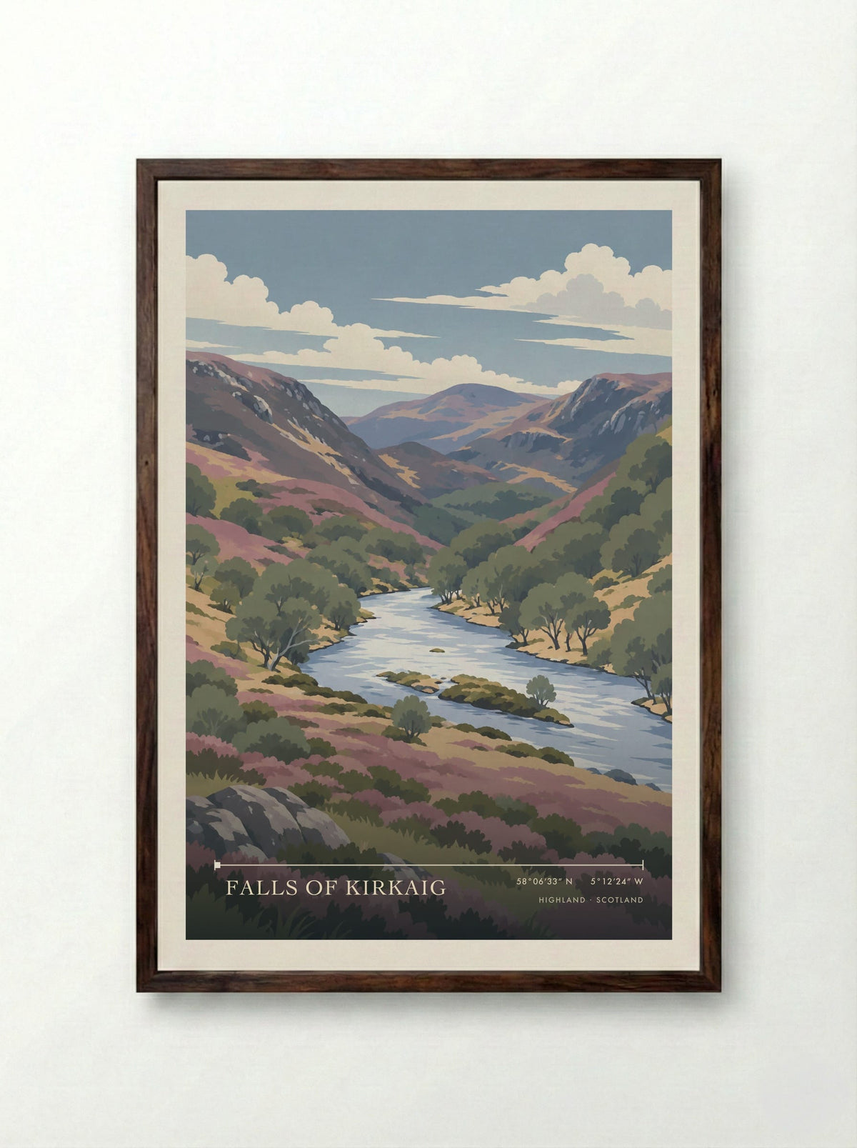 Falls of Kirkaig, Highland | Travel Poster - Framed Print Dark Wood